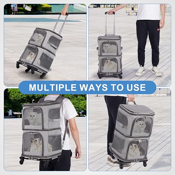 Double Cat Backpack Carrier with Wheels, 3-in-1 for 1 or 2 Cats, Grey | Dual Compartment | Removable Divider | 6kg Max per Compartment | 2 Safety Leashes | Detachable Trolley