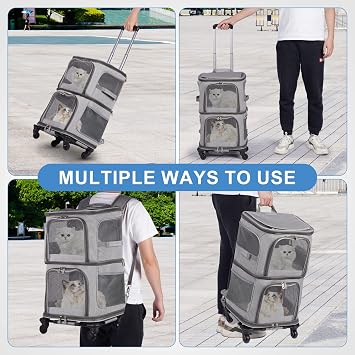 Double Cat Backpack Carrier with Wheels, 3-in-1 for 1 or 2 Cats, Grey | Dual Compartment | Removable Divider | 6kg Max per Compartment | 2 Safety Leashes | Detachable Trolley