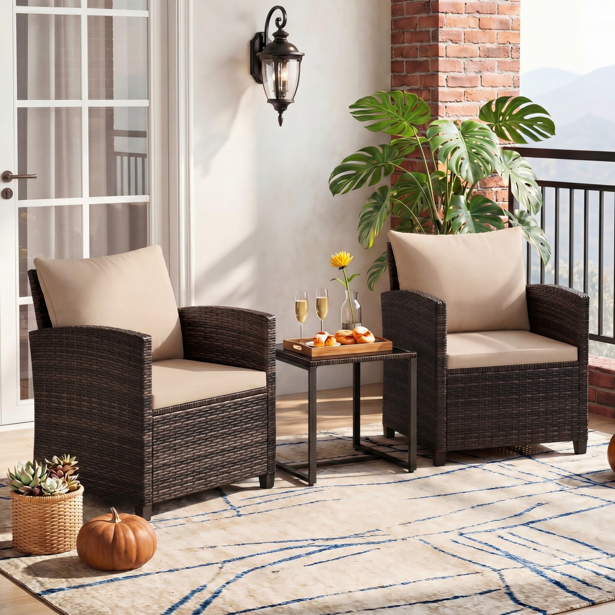 GIANTEX Juego de Muebles Jardín Exterior 3 Piezas, 2 Sillones con Cojines y 1 Mesa de Café de Vidrio, para 2 Personas, Conjunto de Conversación para Balcón, Terraza, Patio (Marrón+Café)
