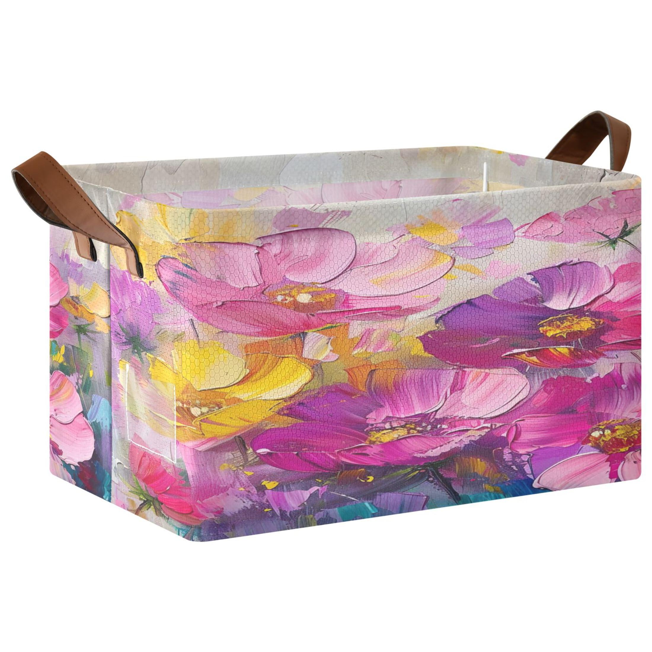 Kutsu Foldable Storage Basket Watercolor Flowers Collapsible Storage Bin with Handles for Shelves, Rectangle Basket for Home Nursery Decor, 16.9x11.4x10 in