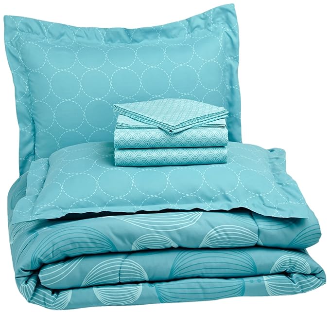 AmazonBasics 7Piece BedinABag, Full/Queen, Industrial Teal (Includes 1 bedsheet, 1 Comforter