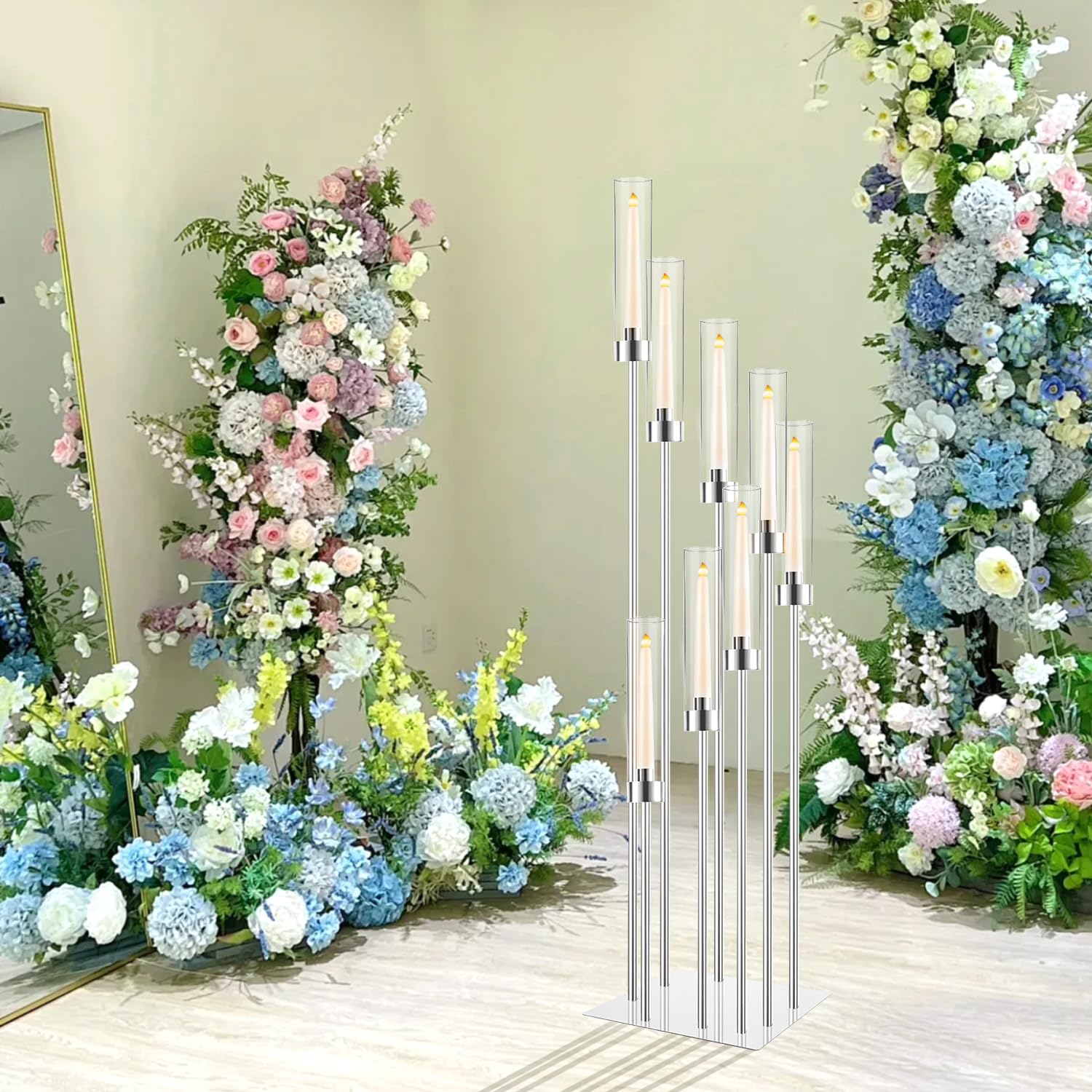 Portacandele da pavimento con paralume in acrilico, alto 125 cm, per candele LED coniche, centrotavola dorato per tavolo, matrimoni, feste, eventi, ricevimenti, decorazione per la casa (argento)