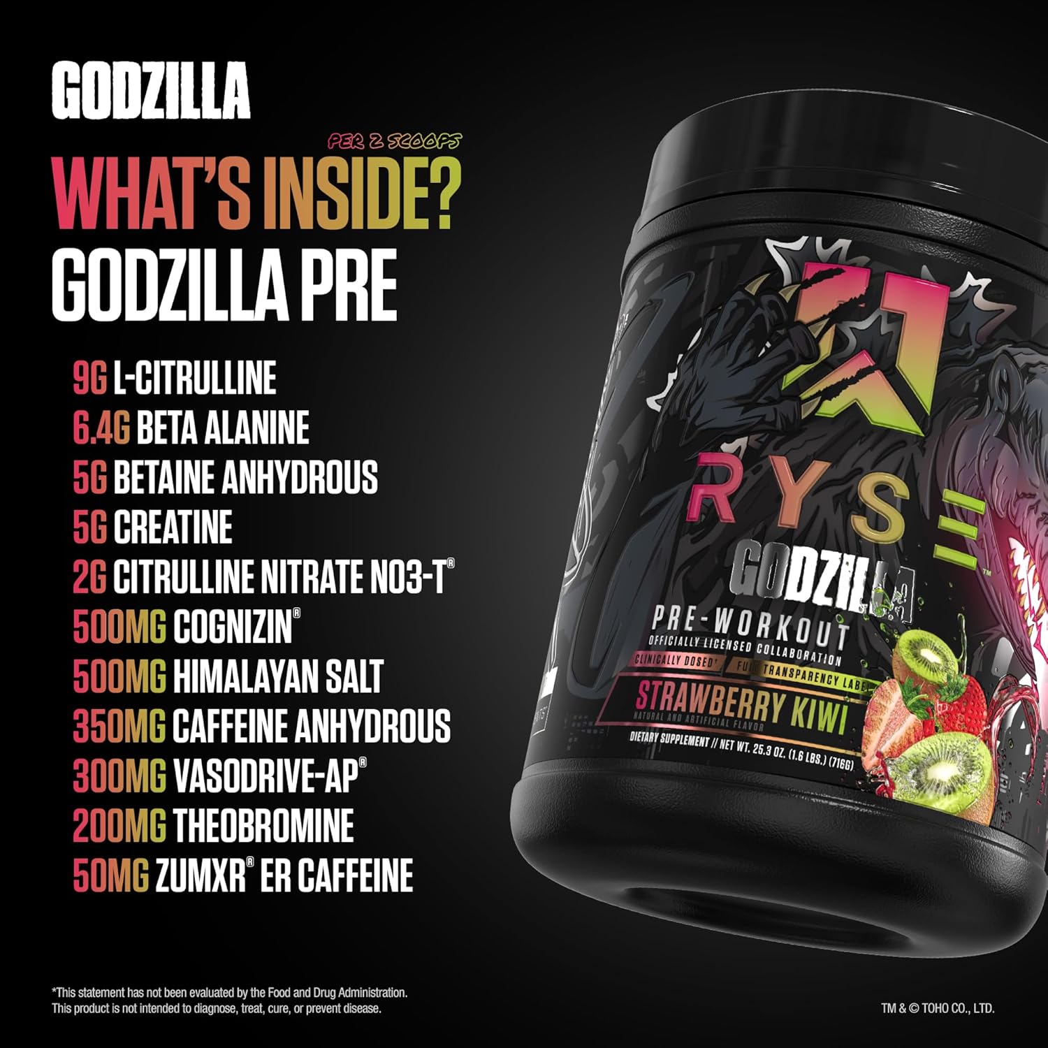 RYSE Godzilla X Noel Deyzel Pre Workout Powder - Strawberry Kiwi - 400mg Caffeine, High Stim Pre-Workout for Men & Women with Citrulline & Beta Alanine - Energy, Pump & Focus - 20/40 Servings