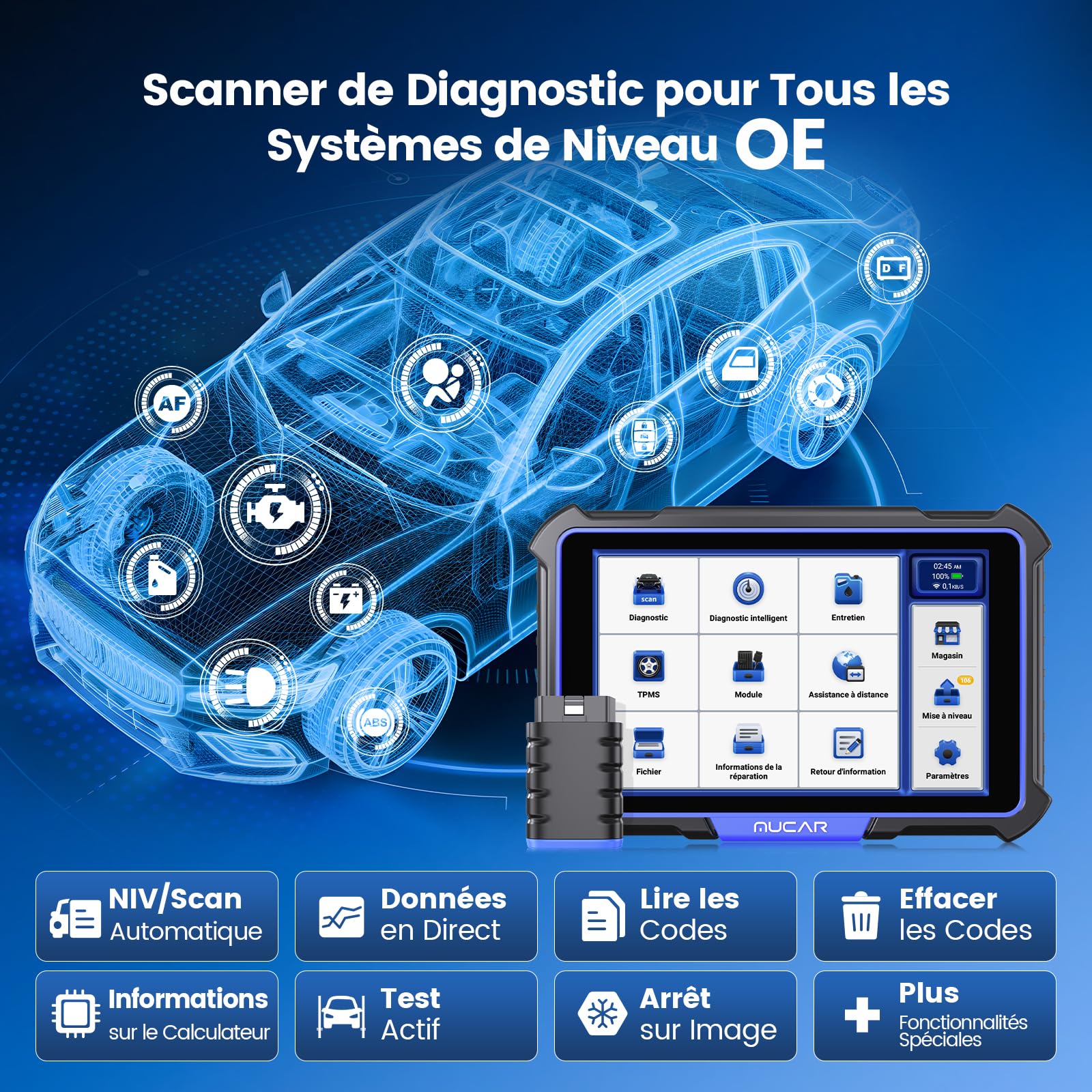 MUCAR VO8 Outil de Balayage Bidirectionnel, Diagnostic OE à l'échelle du Système, Codage ECU, Test Proactif, 34+ Services, FCA Auto Verification, Gratuit à Vie