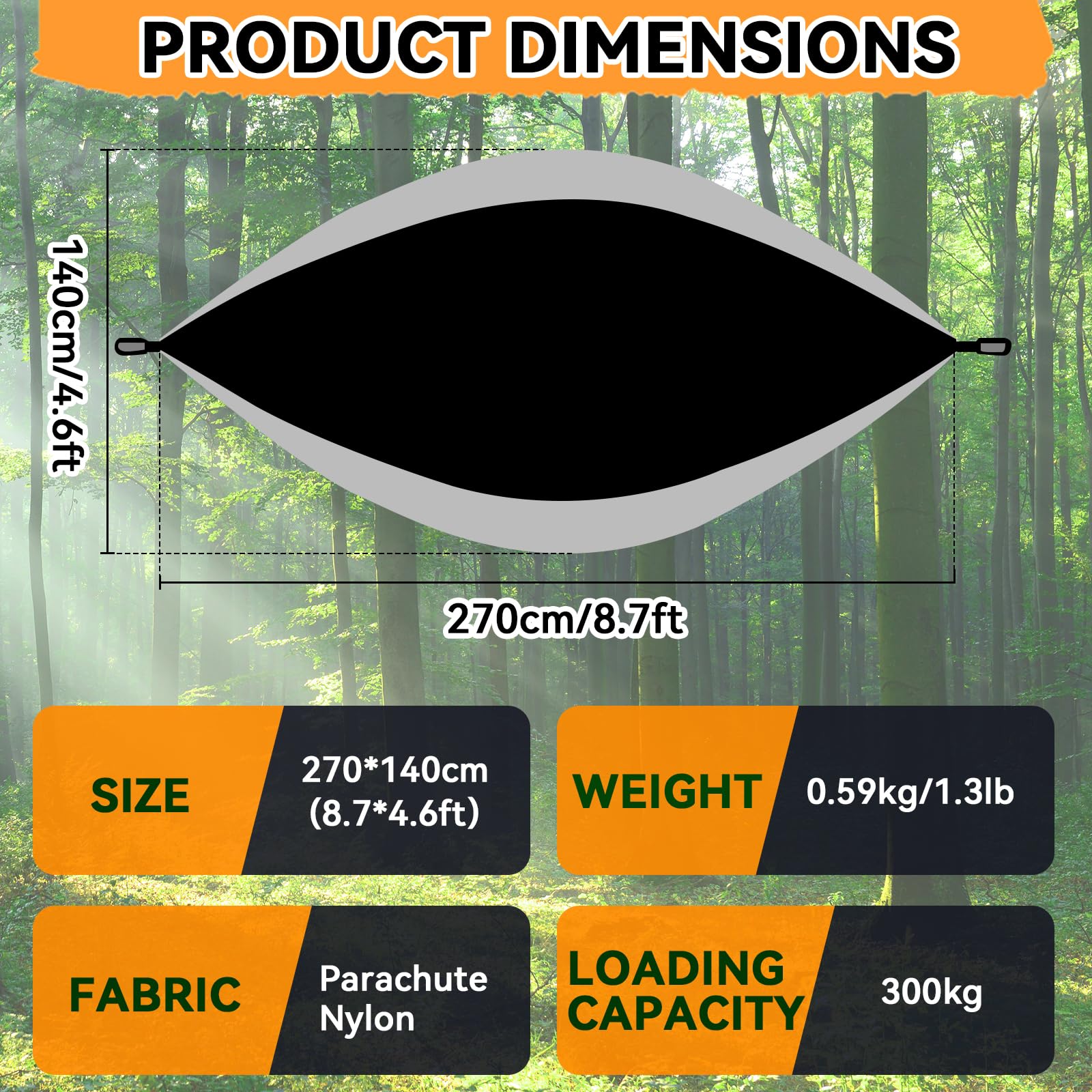 Hamaca de Camping Ultraligera 300 kg – 270 x 140 cm, Nailon Paracaídas Transpirable, con Correas para Árboles, Mosquetones y Bolsa,Hamaca Secado Rápido para Jardín, Playa y Senderismo — view 2