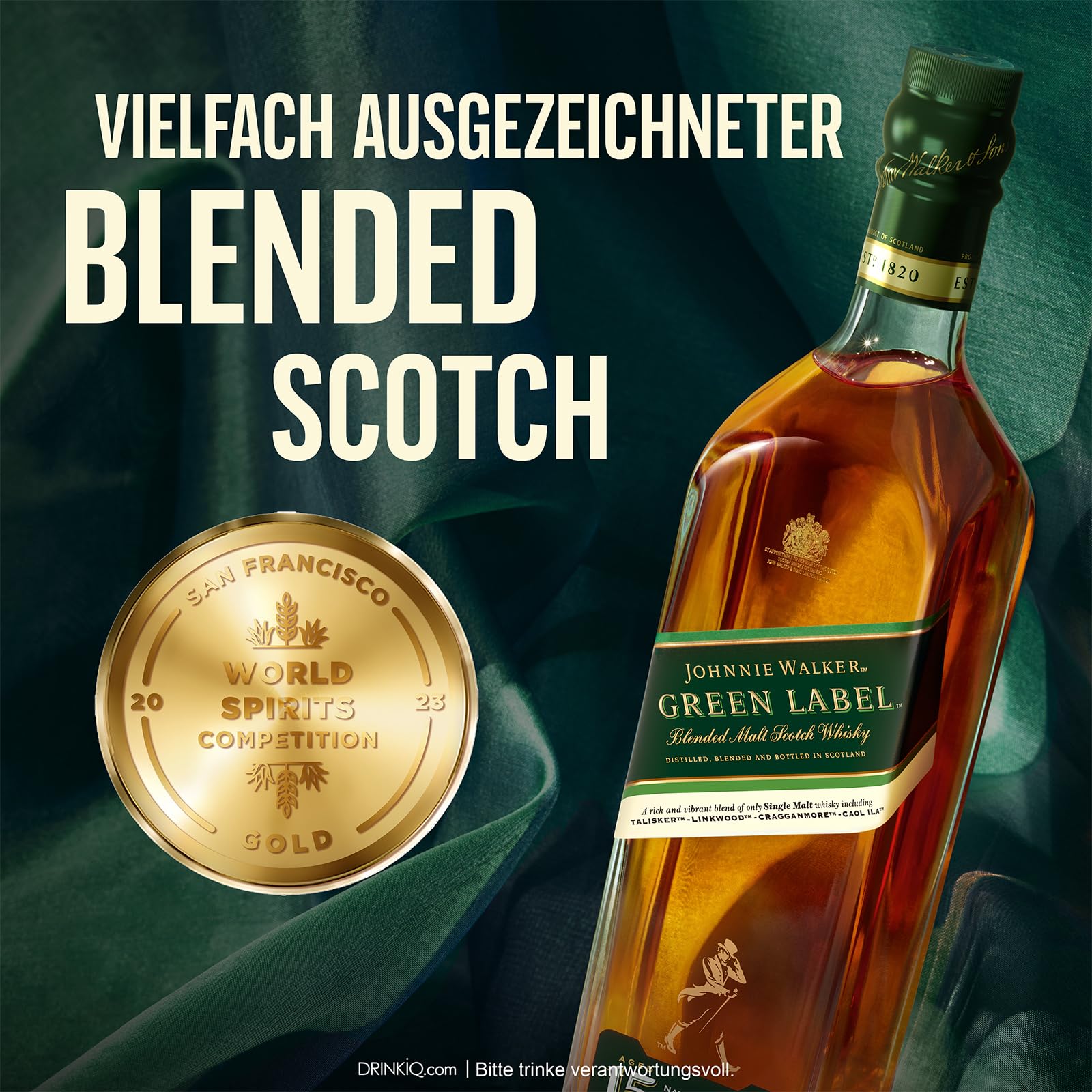 Johnnie Walker Green Label, Blended Scotch Whisky, in edler Geschenkverpackung, 43% Vol, 700ml Einzelflasche