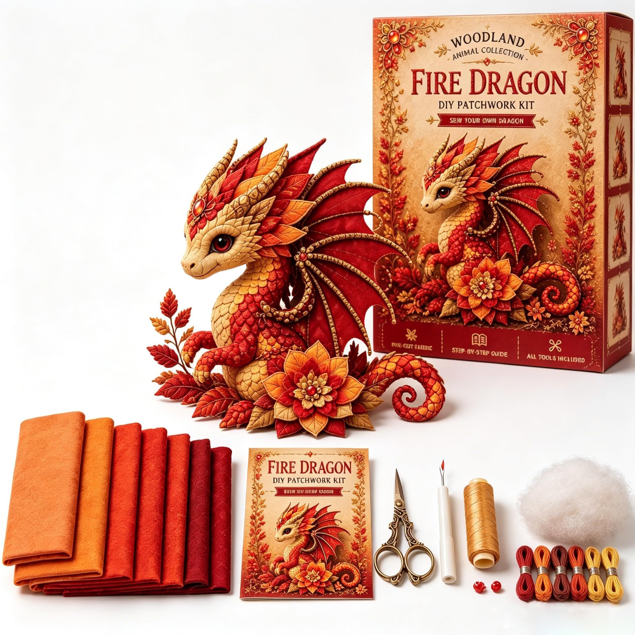Dragon Sprite Kit de couture pour patchwork à faire soi-même, ensemble de bricolage en peluche dragon fantaisie avec tissu prédécoupé et accessoires, kit de patchwork animal pour débutants, cadeau