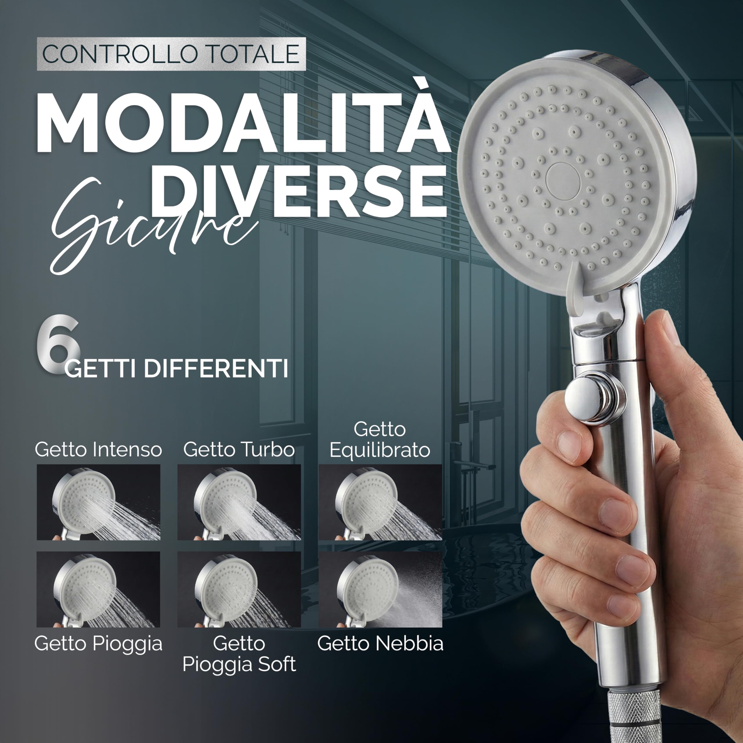 Soffione Doccia Alta Pressione Anticalcare con Tubo 200 cm e Supporto Universale
