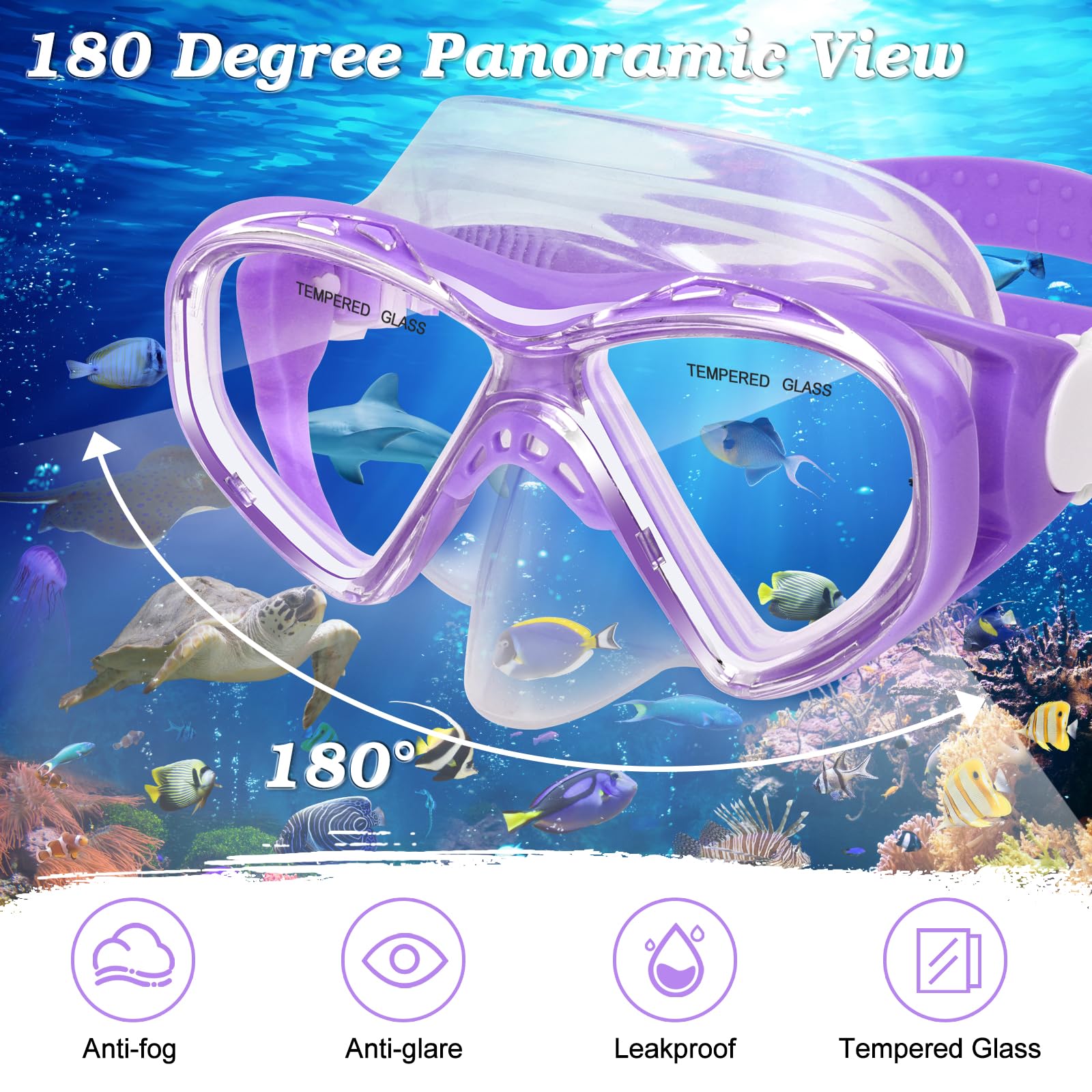 Set da snorkeling per bambini, con boccaglio a secco, per ragazzi e ragazze dai 5 ai 15 anni, maschera subacquea in vetro temperato e boccaglio, vista panoramica a 180 gradi (Z-2Set)