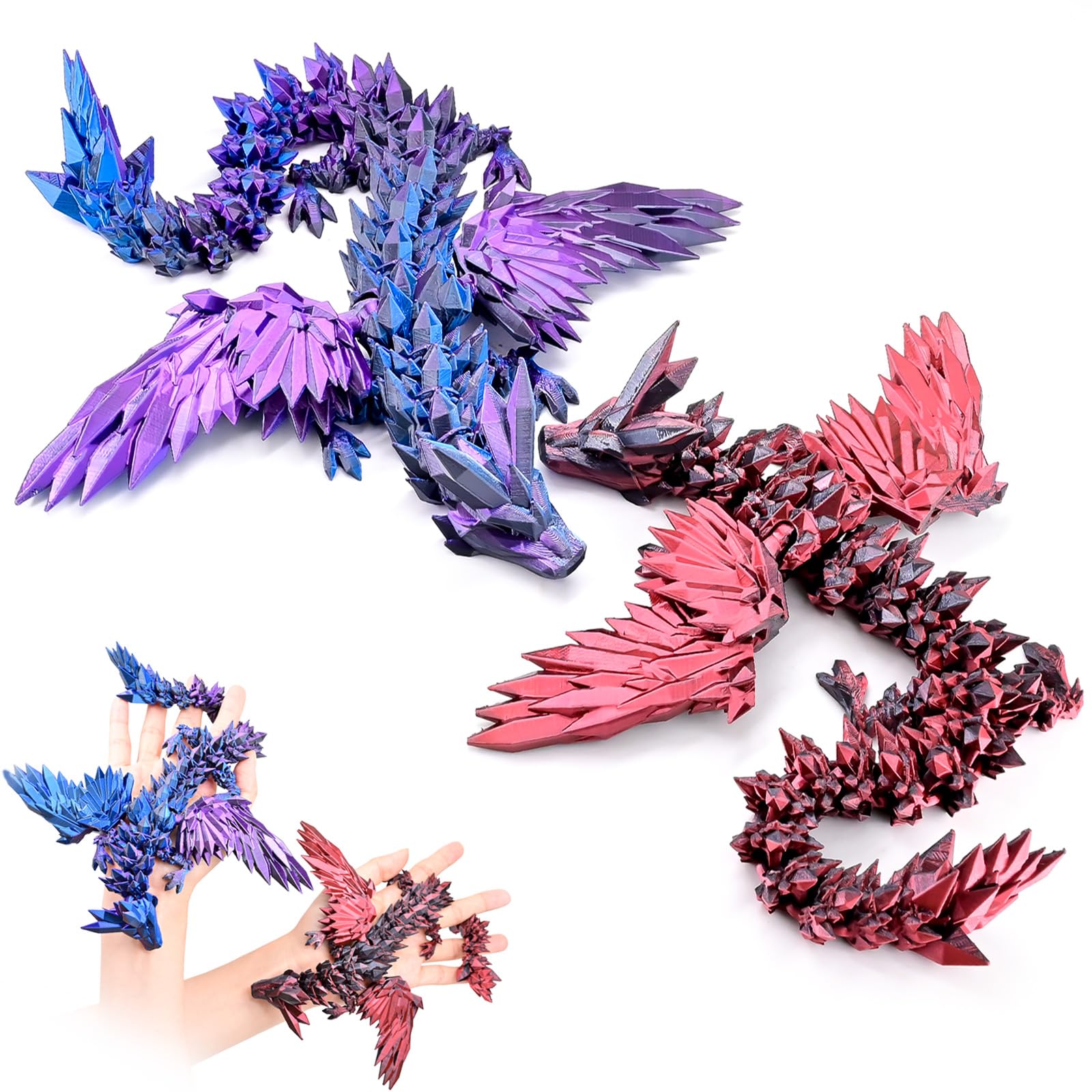 LOCYFENS 3D Printed Dragon Flying Dragon, 2 Pack Articulated 3D Dragon Toys, 3D Printed Crystal Wing Dragon Without Dragon Egg, Black Red & Black Blue Purple