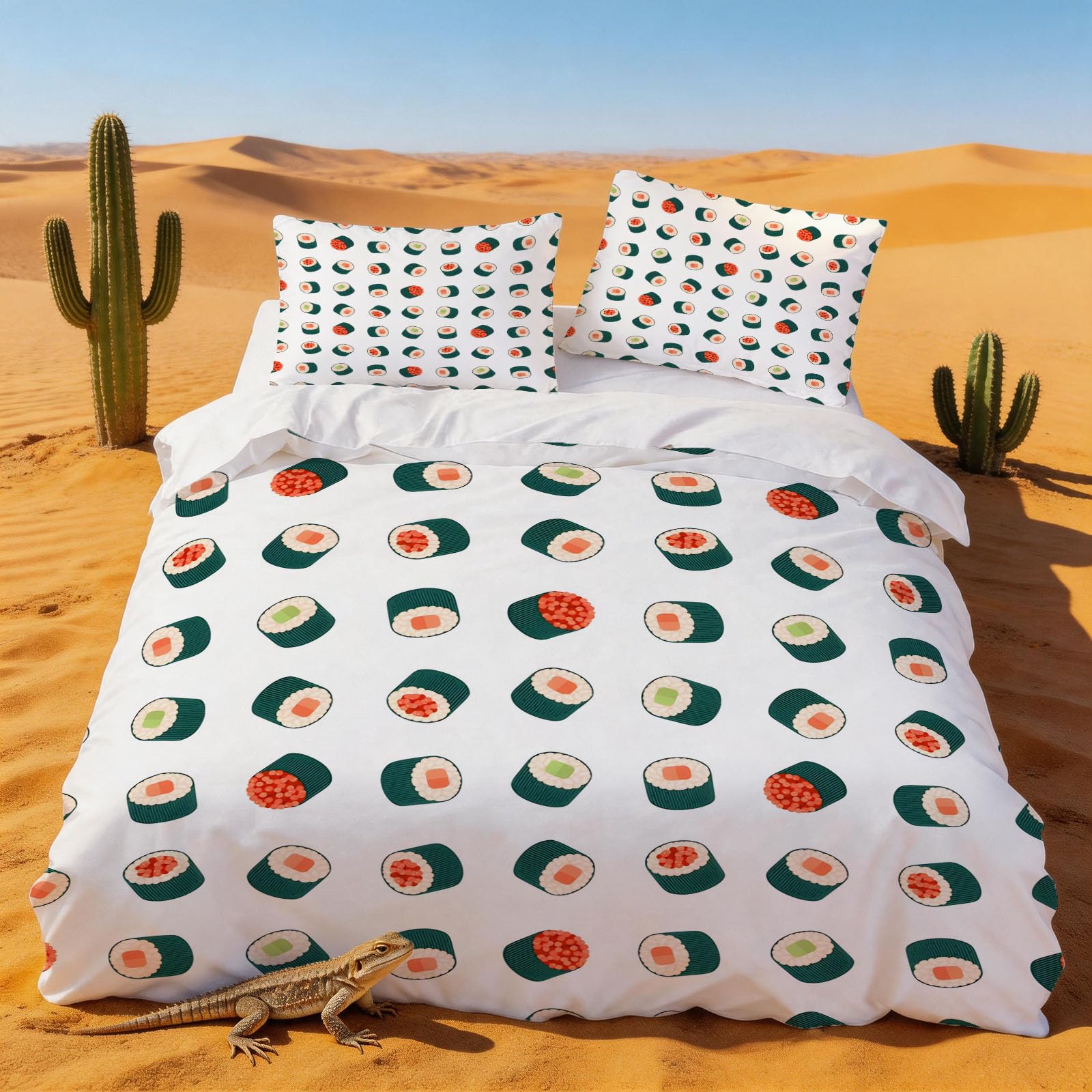 Housse de couette 140x200 sushis dessin animé avec taie d'oreiller lit 1 personne en microfibre