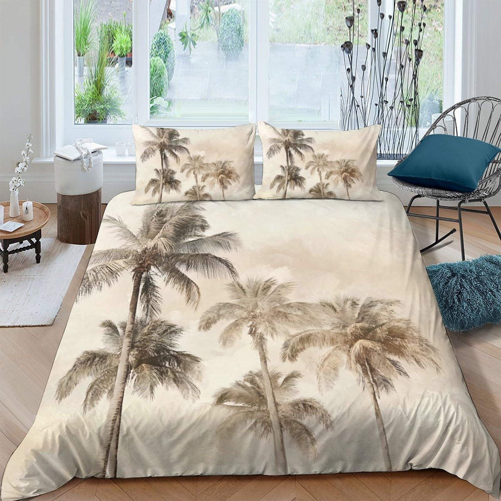 GPLZQXKJNH 3D Printed Palm Tree Duvet Cover Set Microfiber Soft Breathable Tropical Sunset Quilt Cover with 2 Pillowcases for Bedroom Home Decor Single（135x200cm）