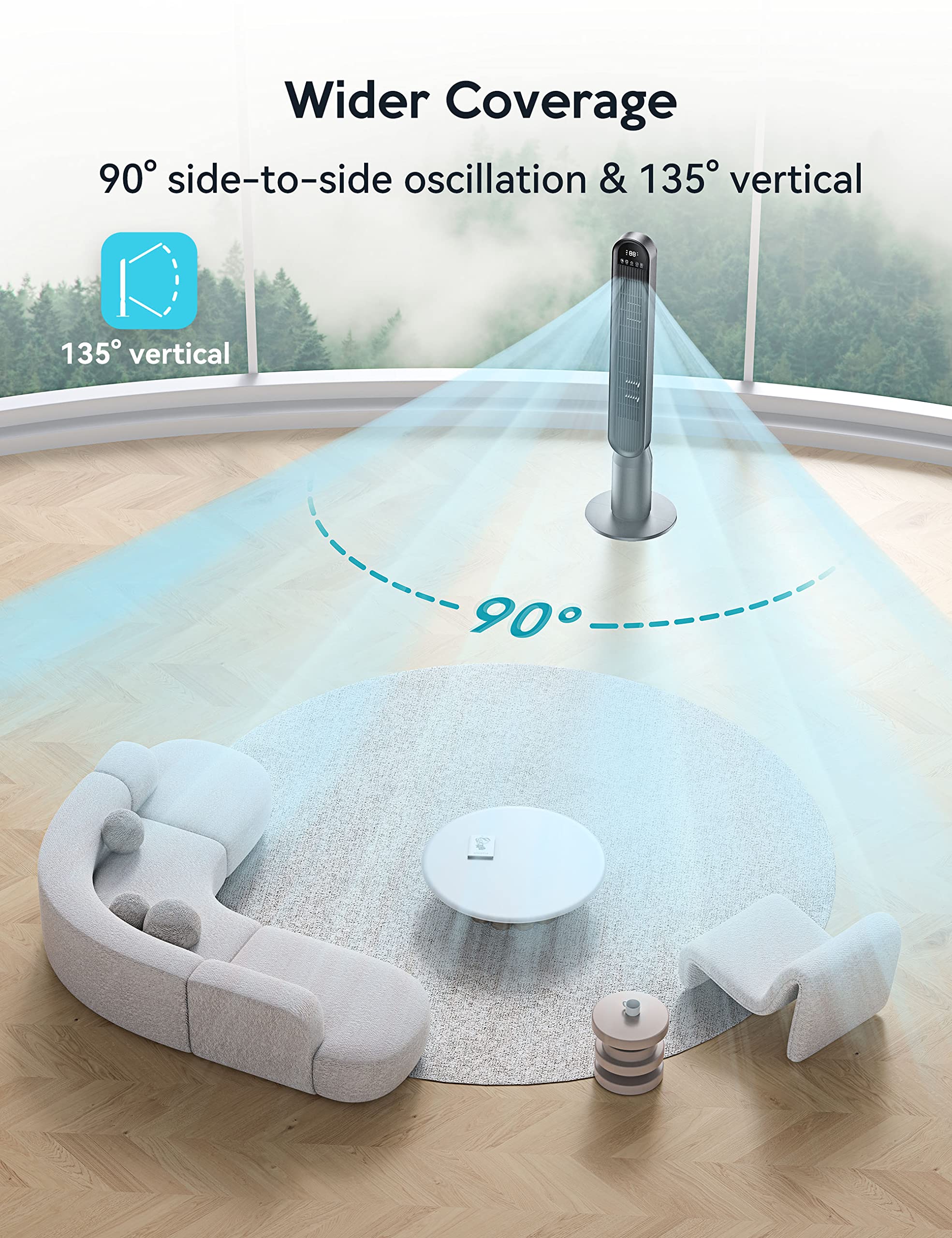 VAGKRI Ventilador de torre para recámara, ventilador de piso silencioso de 42 pulgadas con oscilación vertical de 90 ° de 135 °, 4 modos, 4 velocidades, temporizadores de 15 horas, ventiladores de pie