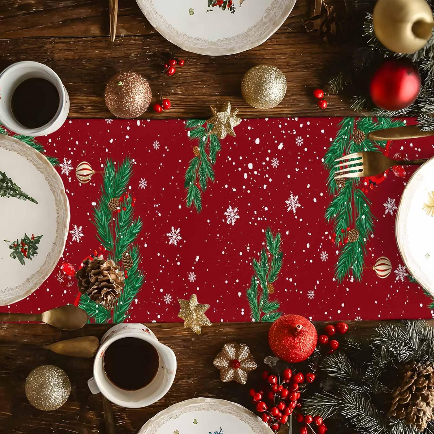 Christmas Gnome Table Runner 120 inches Long Joy New Year Cones Snowflake Red Xmas Coffee Table Runner for Kitchen/Dining Runners for Party Home Decor Dresser Scarves Tabletop Decoration 13x120in