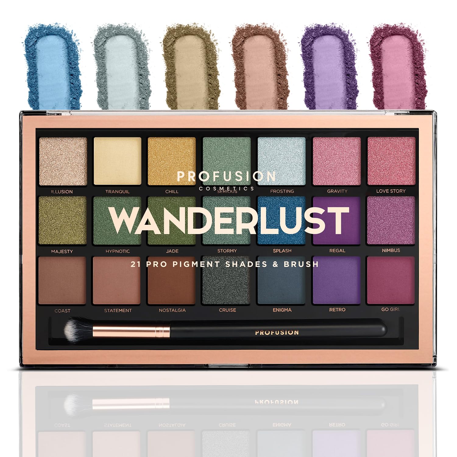 Profusion Cosmetics Wanderlust 21 Shades Eyeshadow Palette – Richly Pigmented Matte & Shimmer Finishes with Blending Brush, Long-Wearing, Travel-Friendly, Vegan & Cruelty-Free Makeup Set