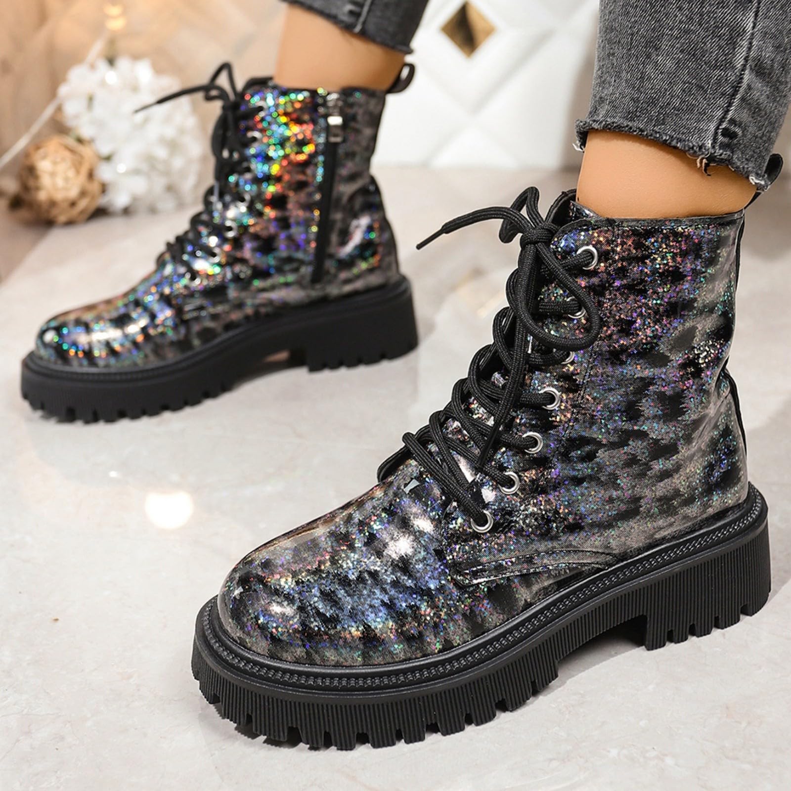 Genérico Botines Mujer Vestir Cordones Plataforma Botas Puntera Redonda Elegantes Zapatos Suaves y Cómodos Caminar Bota Informales Antideslizantes Botin para Vaqueros Vestidos Faldas y Uso Diario