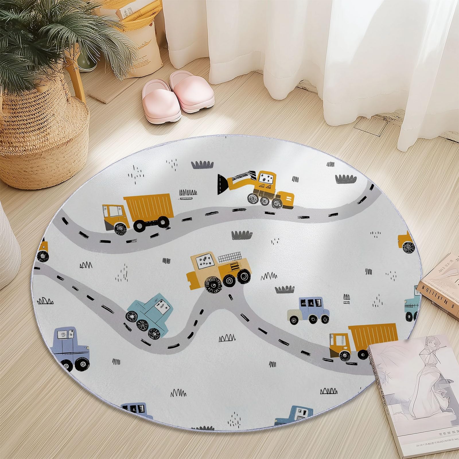 Tappeto Rotondo Salotto, Modello Cartone Animato Camion Da Costruzione Strada Tappetini antiscivolo circolari e morbidi, Tappeto Rotondo per Cameretta Cucina Casa Zona Balcone Tavolino (Bianco, 120cm)