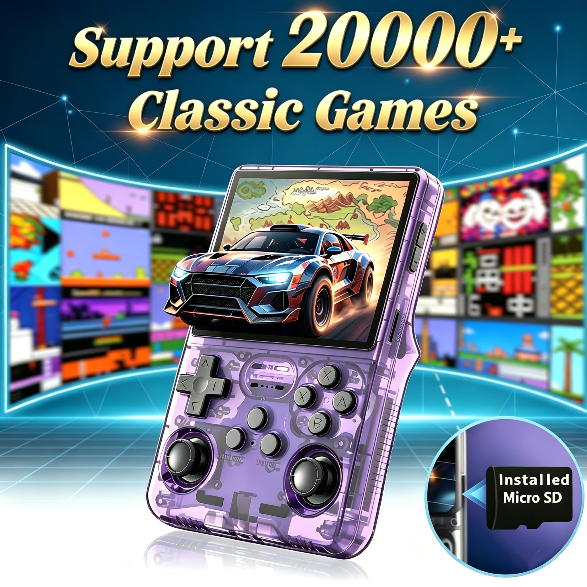 Upgrade Retro Konsole Handheld Spielkonsole, R36S Portable Handheld Video Games mit 21.000+ Klassischen Spielen, 3.5-Zoll-IPS-Bildschirm, Tragbarer Videospielkonsole (Lila)