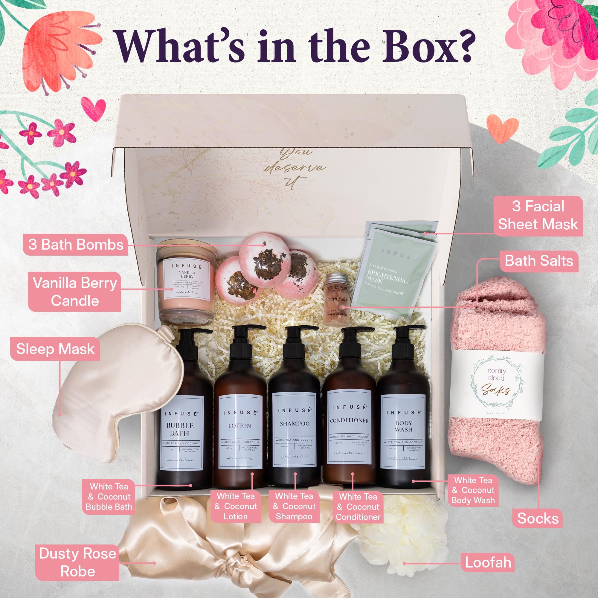 17-Piece Spa Gift Box for Women | Mother’s Day & Graduation Gift | Eye Mask, Candle, Robe, Loofa, Bath Bombs, Face Masks, Bubble Bath, Lotion, Body Wash, Bath Salt, Shampoo, Conditioner & Socks: 17 Pieces