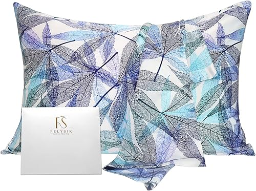 Miniatura 8 de Funda de almohada de seda floral de hojas para cabello y piel estándar de 20 x 26 pulgadas, 22 momme seda de morera verde, estampado de lirios y