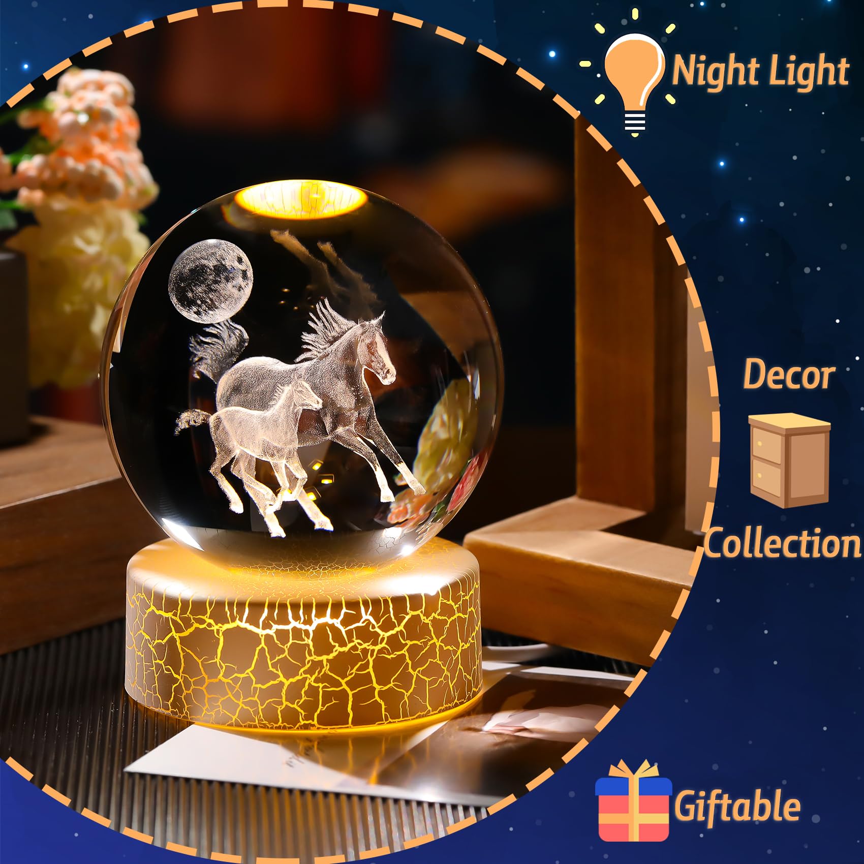 Arikyrist Horse Gifts for Girls Women 8cm/ 3.15" K9 Crystal Ball Engraved 3D Horses Figurine with LED Warm Light Stand - Image 4