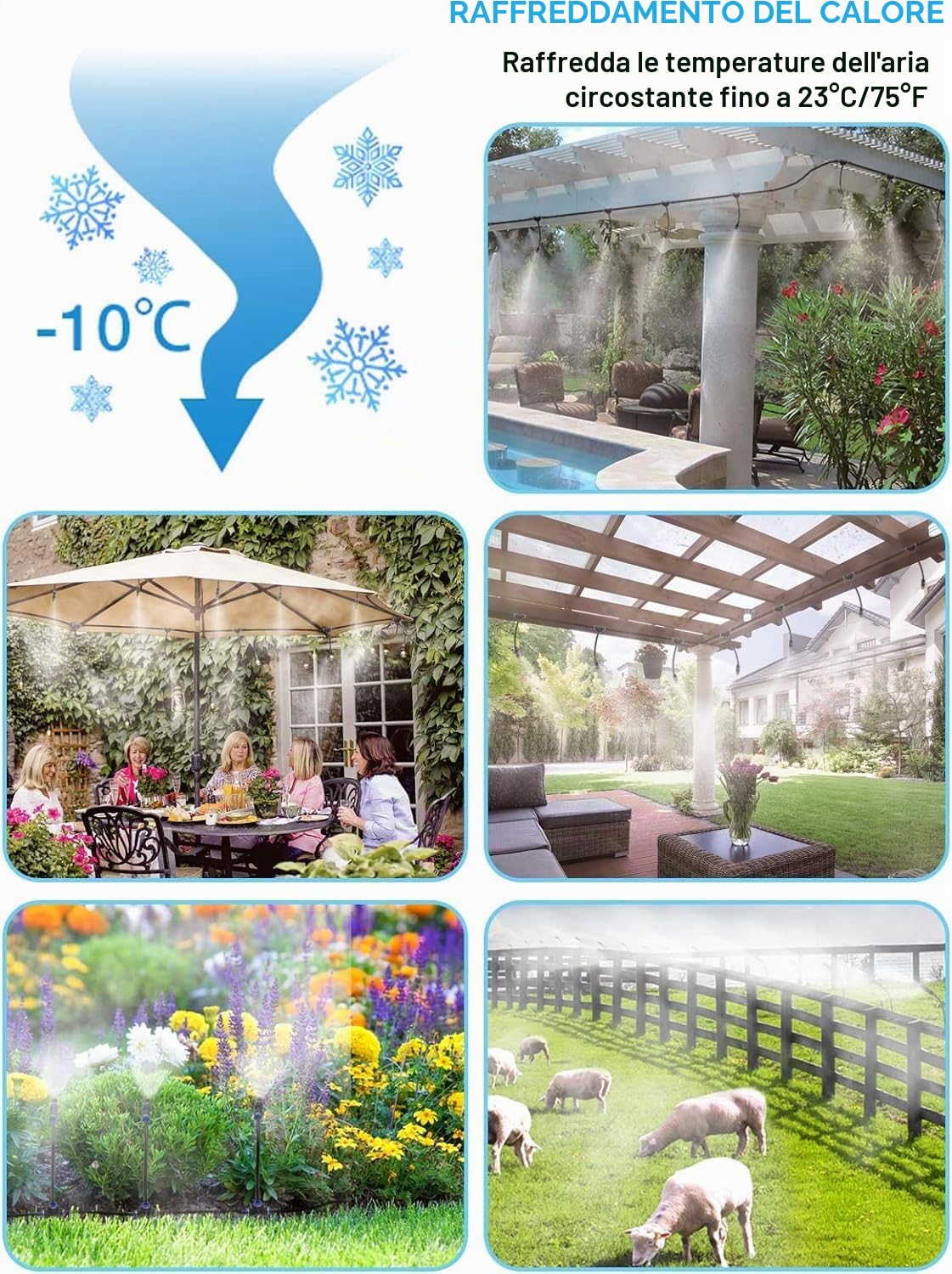 Nebbia spray per esterni, 20 m, sistema di irrigazione a spruzzo con ugelli per nebbia, raffreddamento per serre, giardino, terrazza, serra