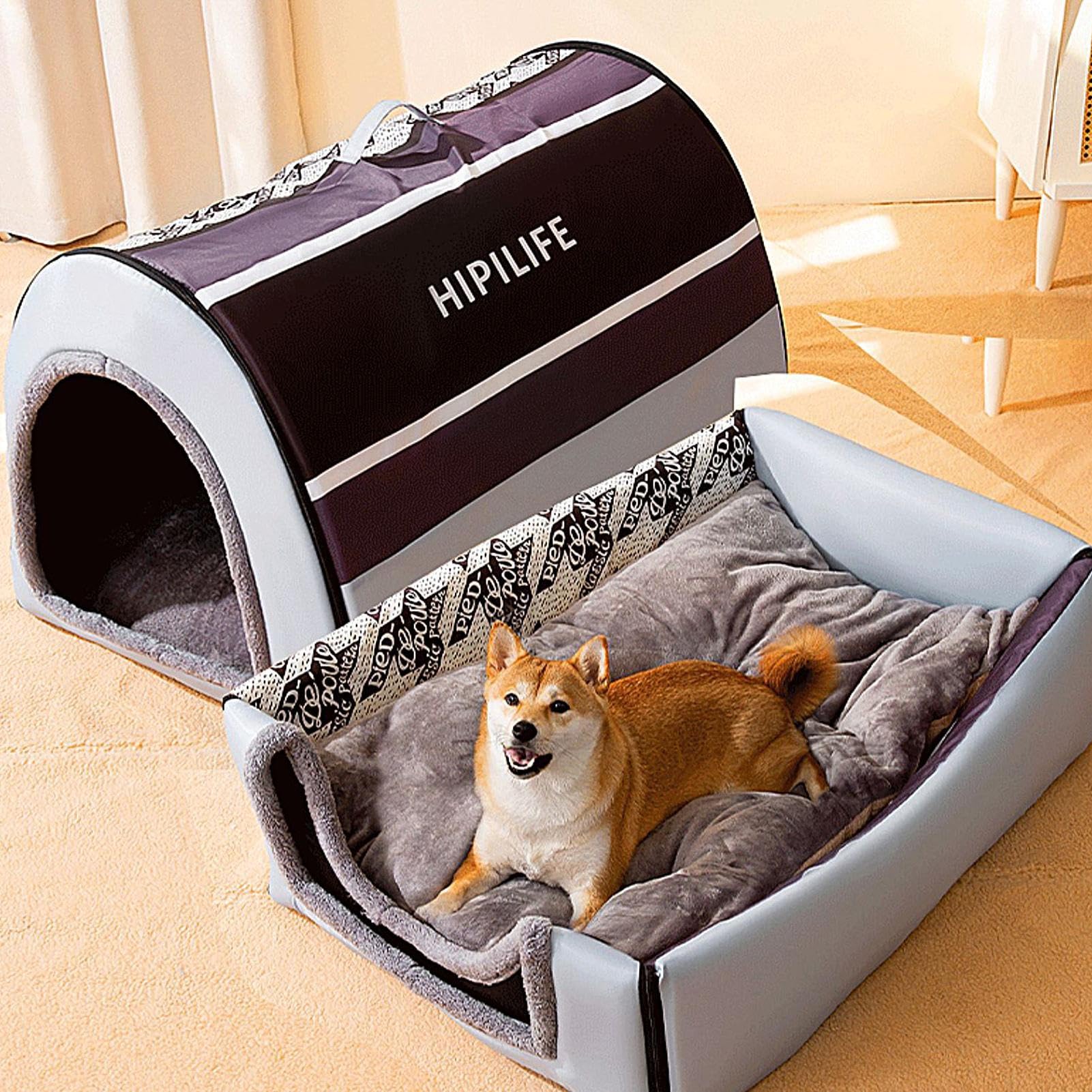 HYQ Haustierbett Mit Kapuze – Waschbare Höhle Für Kleine Hunde & Katzen, Rutschfest & Beruhigend