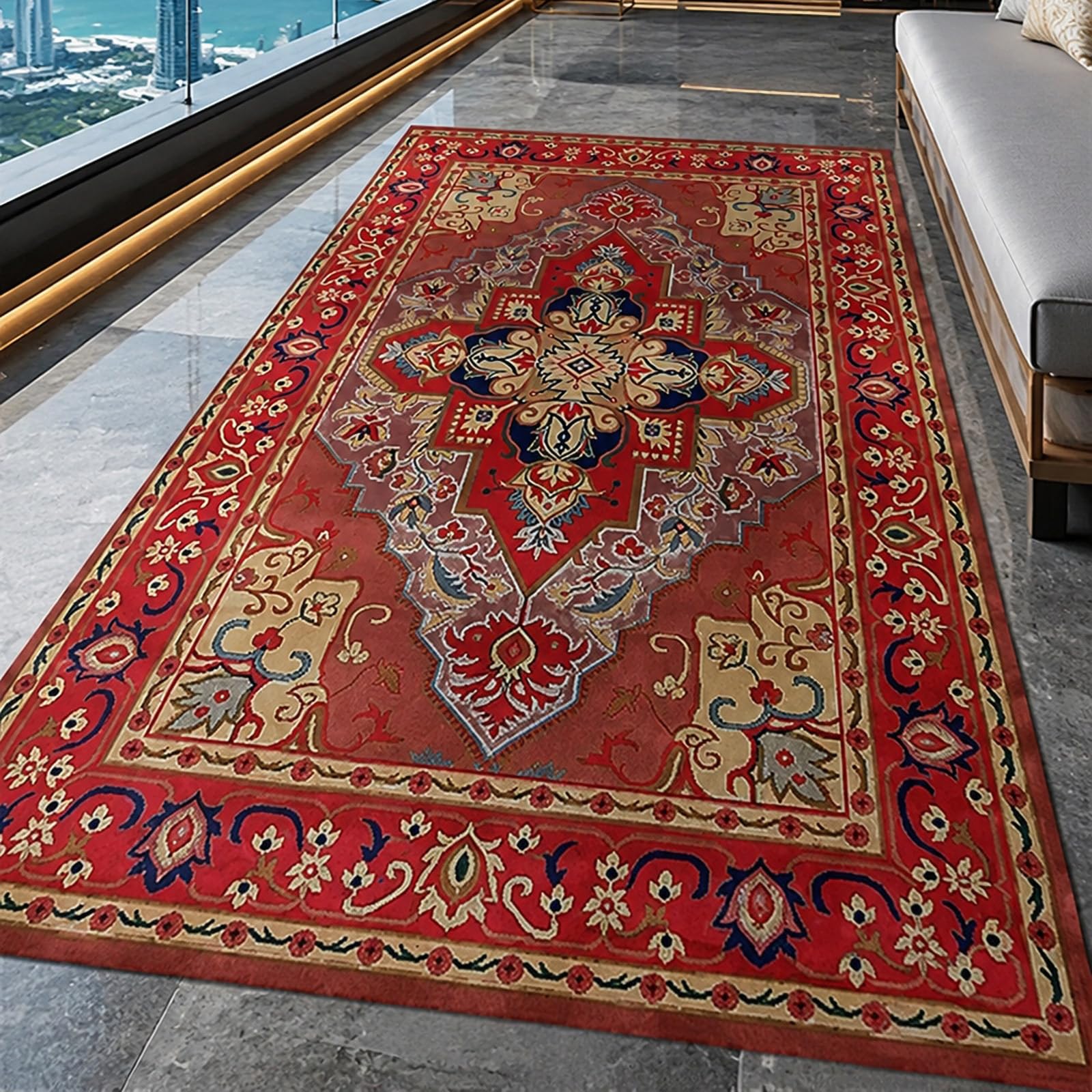Grand tapis de salon style oriental rouge et bleu 200x300 pour bureau
