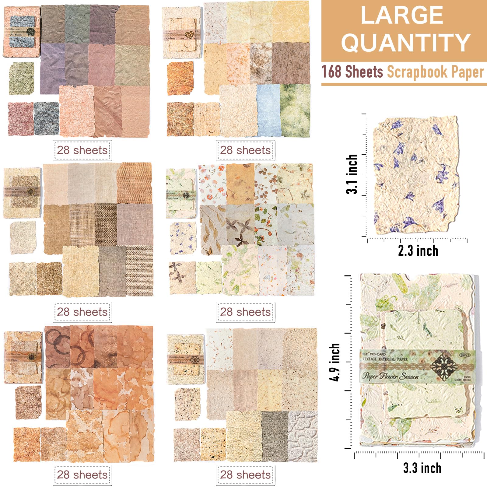 168Pcs Scrapbook Paper - 6 pack Embossed Textured&Printing Craft Paper Assorted Special Cards Mix for Scrapbooking Junk Journal Journaling Supplies DIY Materials (Textured paper mix)