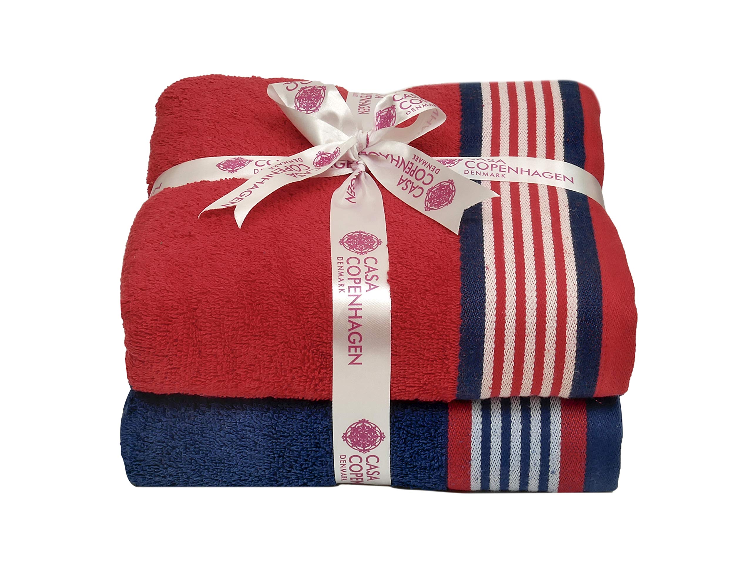 CASA COPENHAGEN Set di 2 Telo da bagno, cotone, blu e rosso American | He & She Set di asciugamani in 100% cotone egiziano (190x80cm) per spiaggia, doccia e piscina (set regalo per donna e uomo)