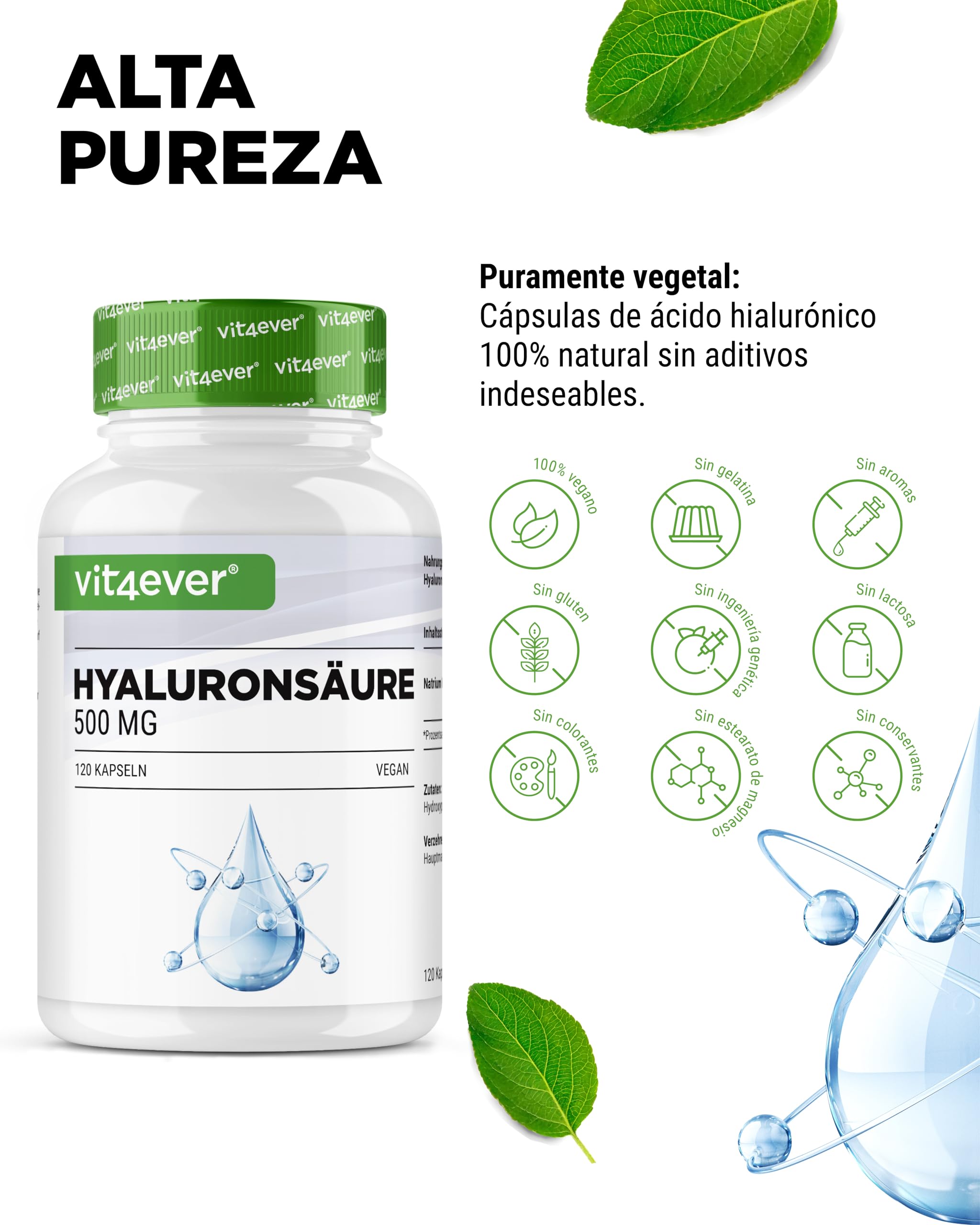 Ácido hialurónico - 120 cápsulas con 500 mg de hialurónico para 4 meses - 500-700 kDa - De fermentación vegetal - Sin aditivos indeseables, alta dosis, vegano