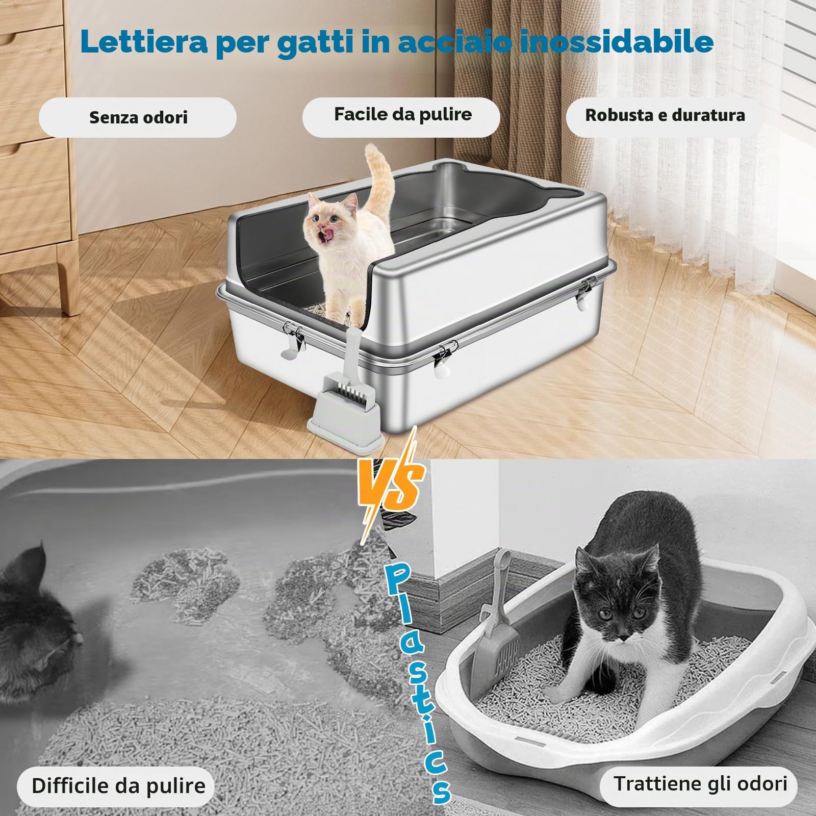 Extra large lettiera per gatti in acciaio inox, XXXL 70 x 50 x 30CM lettiera gatto semi-chiusa rimovibile in metallo con copertura a lati alti, paletta, non appiccicosa, facile da pulire