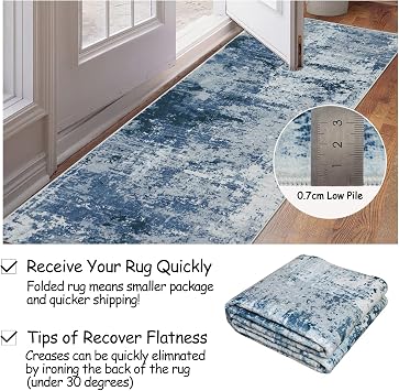Cekene Carpet Runners for Hallways Non-slip Long Blue 65x240cm Washable Kitchen Rug Distressed Hallway Runner Mat Thin Low Pile Floor Carpet for Entrance Bathroom Laundry Bedroom