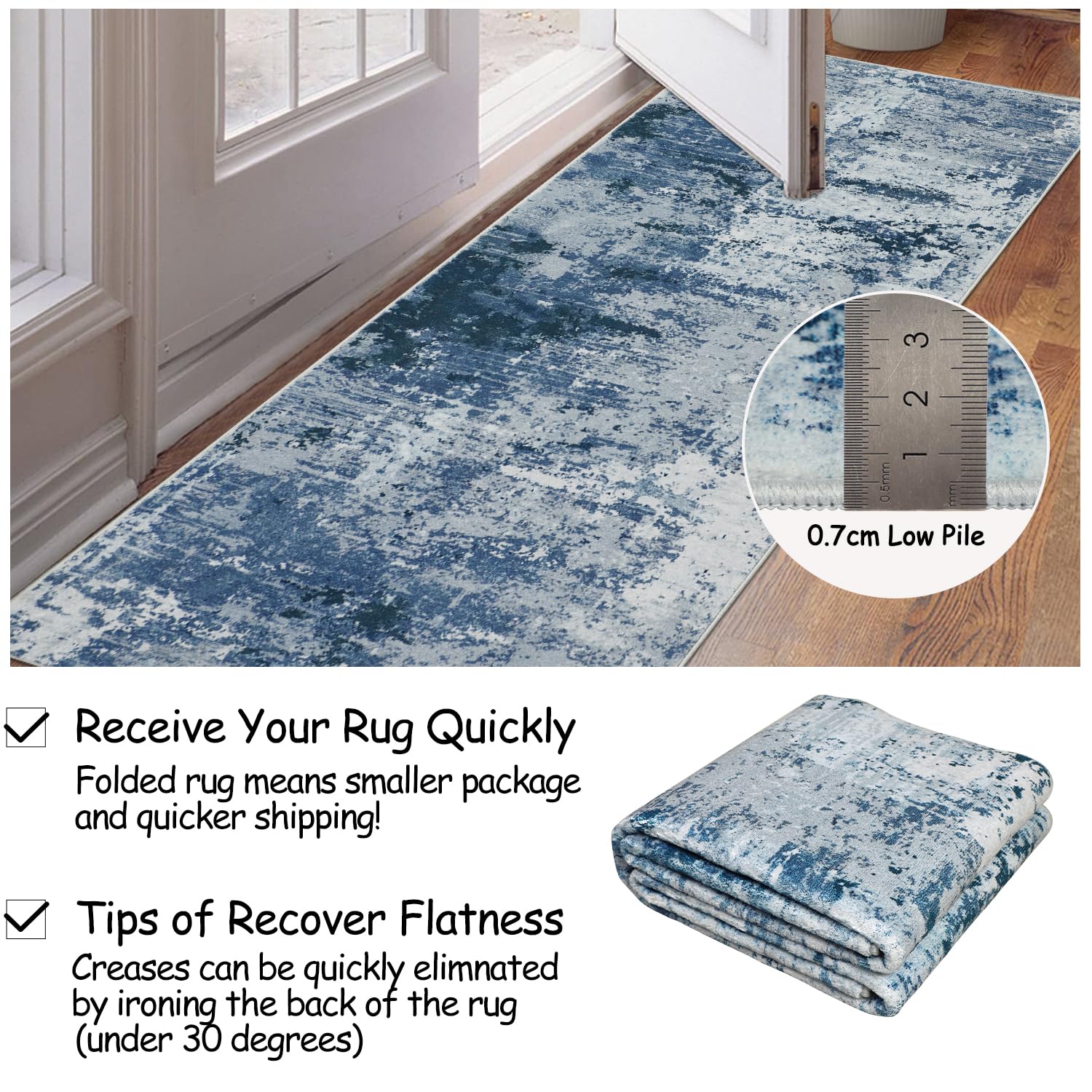 Cekene Carpet Runners for Hallways Non-slip Blue 65x180cm Washable Kitchen Rug Distressed Hallway Runner Mat Low Pile Floor Carpet for Entrance Bathroom Laundry Bedroom - Image 4