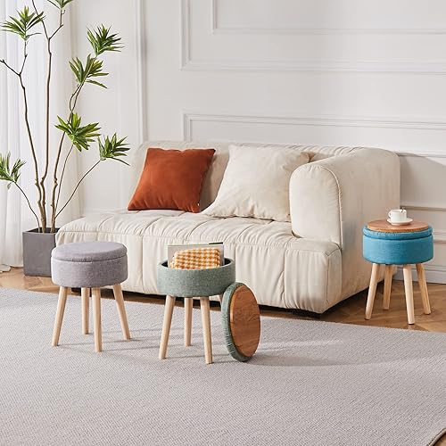 Miniatura 28 de Mxfurhawa Taburete otomano de almacenamiento redondo de lino con patas de madera, reposapiés tapizado multifuncional, para sala de estar, baño,