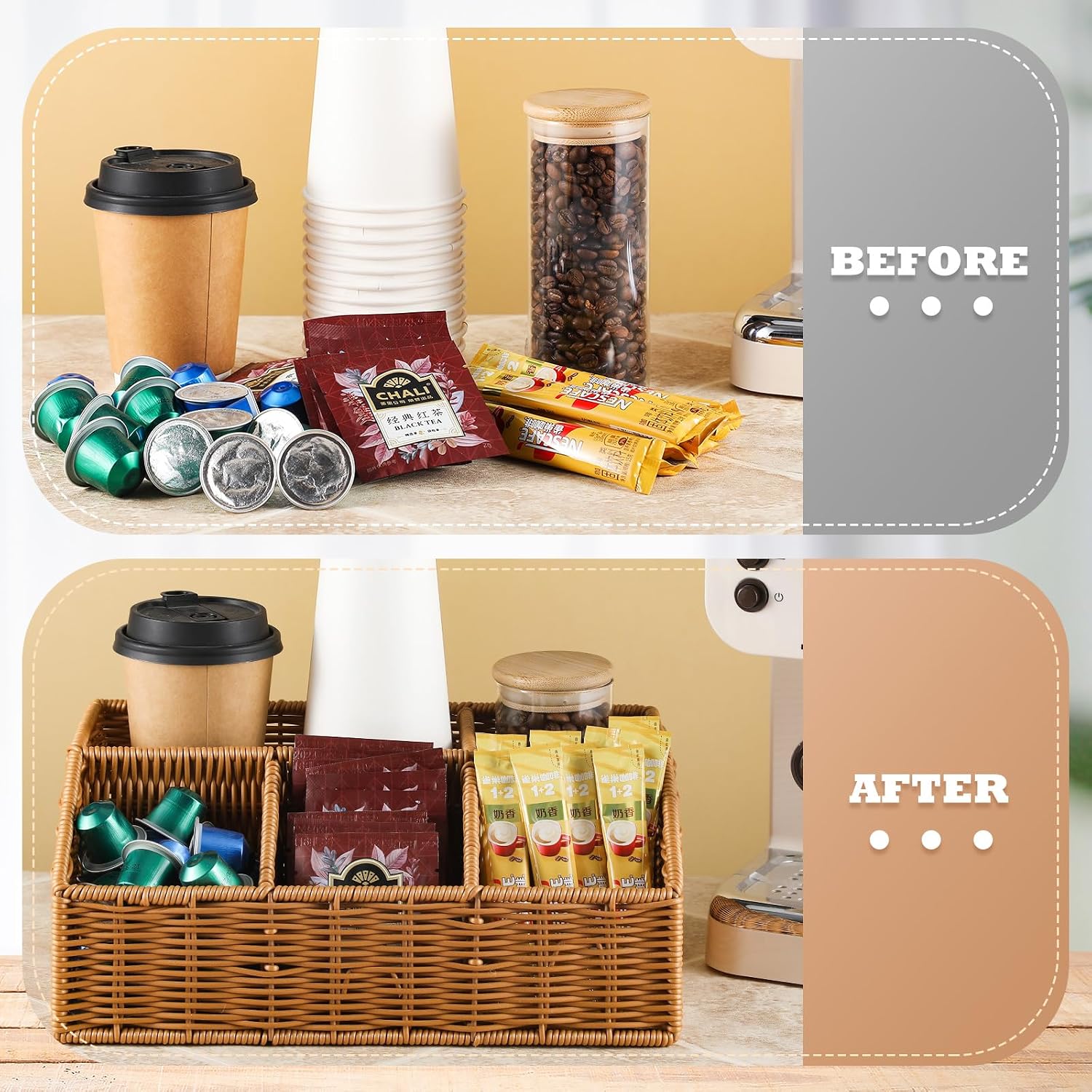 Reallnaive 1pcs Coffee Station Organizer for Counter, 12.6 x 8.27 x 5.2 Inches pp Simulated Rattan Coffee Pods Holder Storage Basket, Pod Holder, Condiment Organizer for Bar Decor