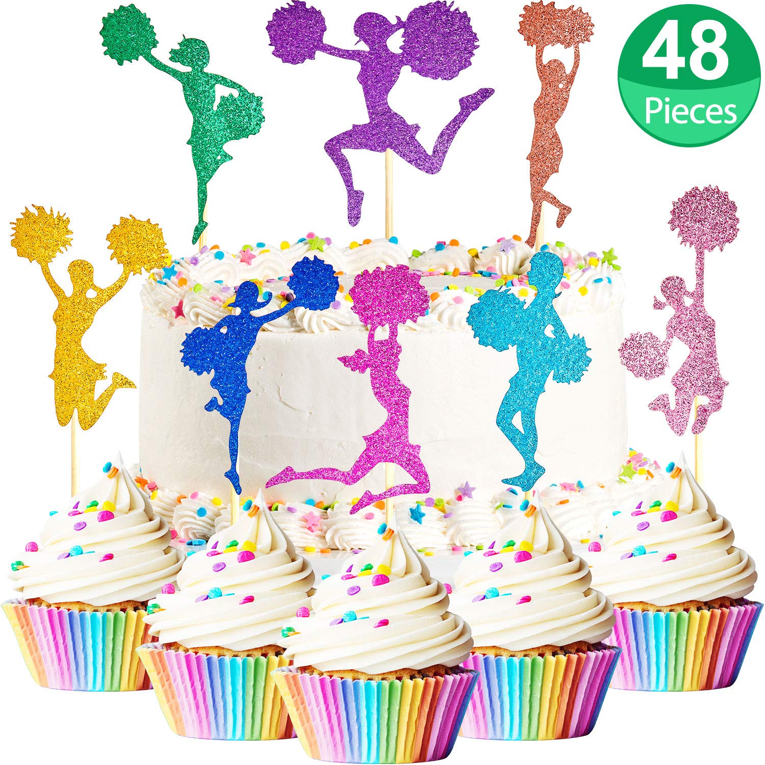 Buy 48 Pieces Glitter Cheerleading Gymnastics Cupcake Toppers Colorful
