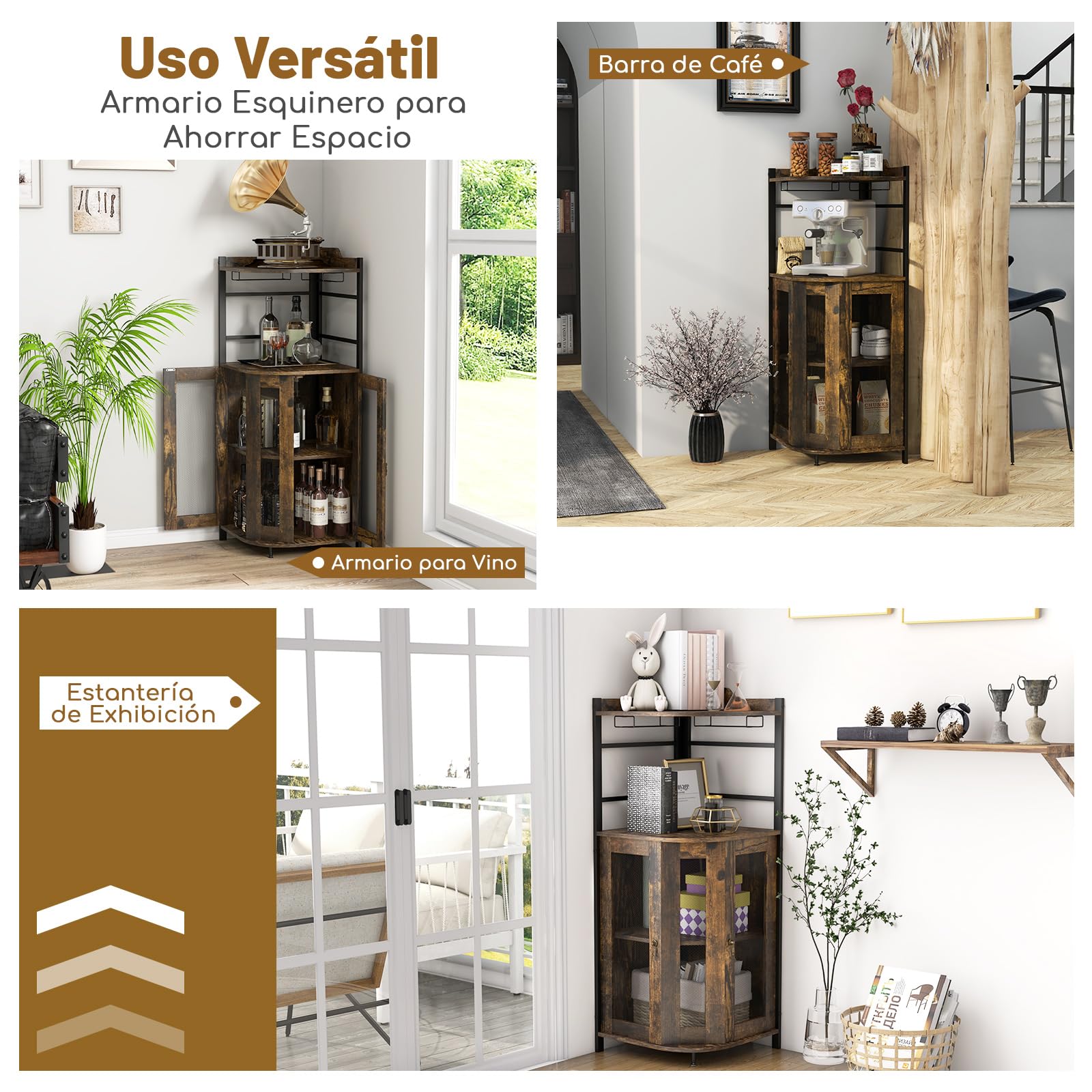 COSTWAY Armario de Esquina de vino con Portavasos de Vidrio, Armario de Vino Industrial con Puertas de Malla Metálica y Estante Ajustable, Buffet con Kit Antivuelco para Cocina Comedor (Marrón Oscuro)