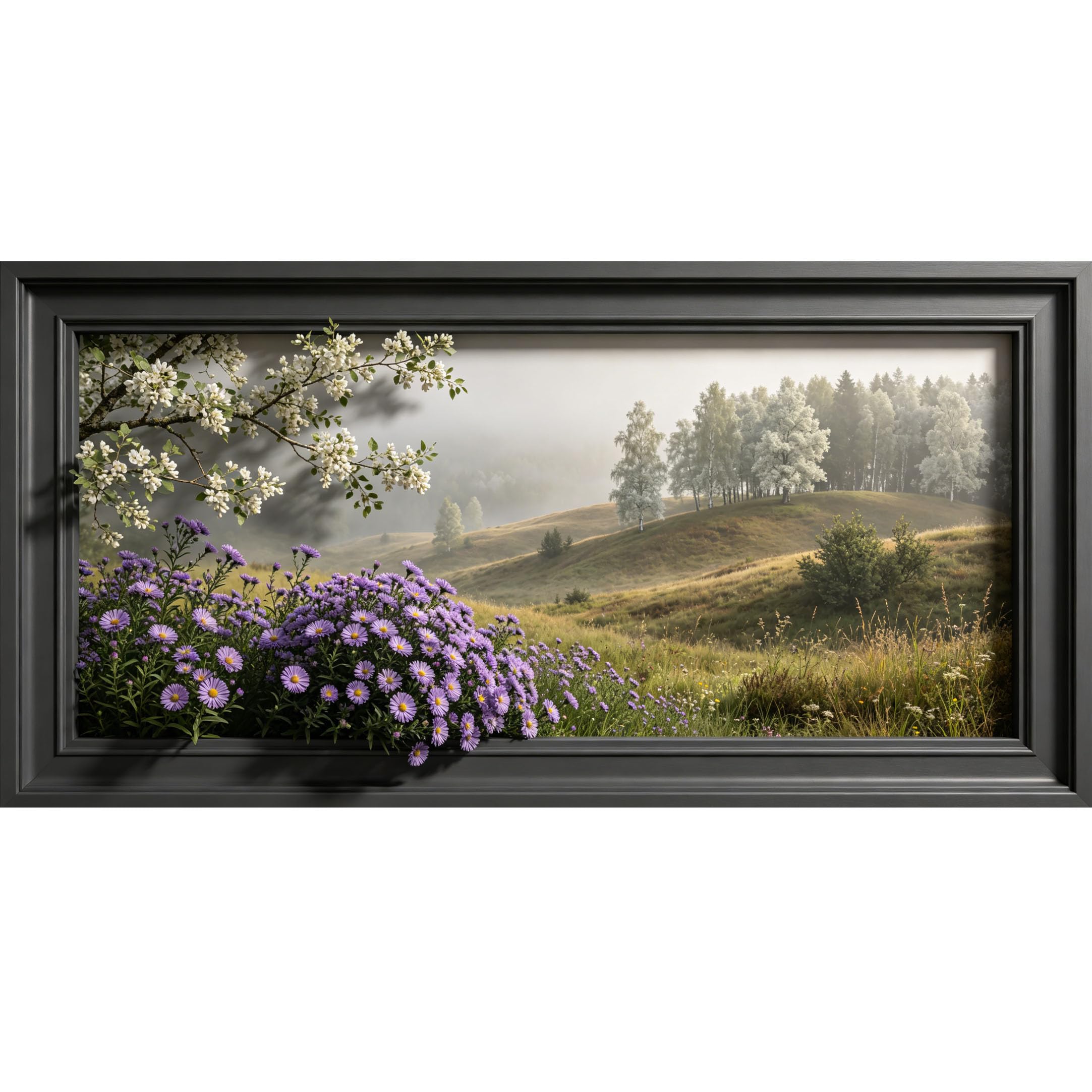 Agglomerix 3D Framed Wall Art White Apple Blossom Purple Daisy Meadow Mist Forest Landscape Large Size SelfAdhesive Removable Wall Decor Prints Artwork for Living Room Bedroom Office
