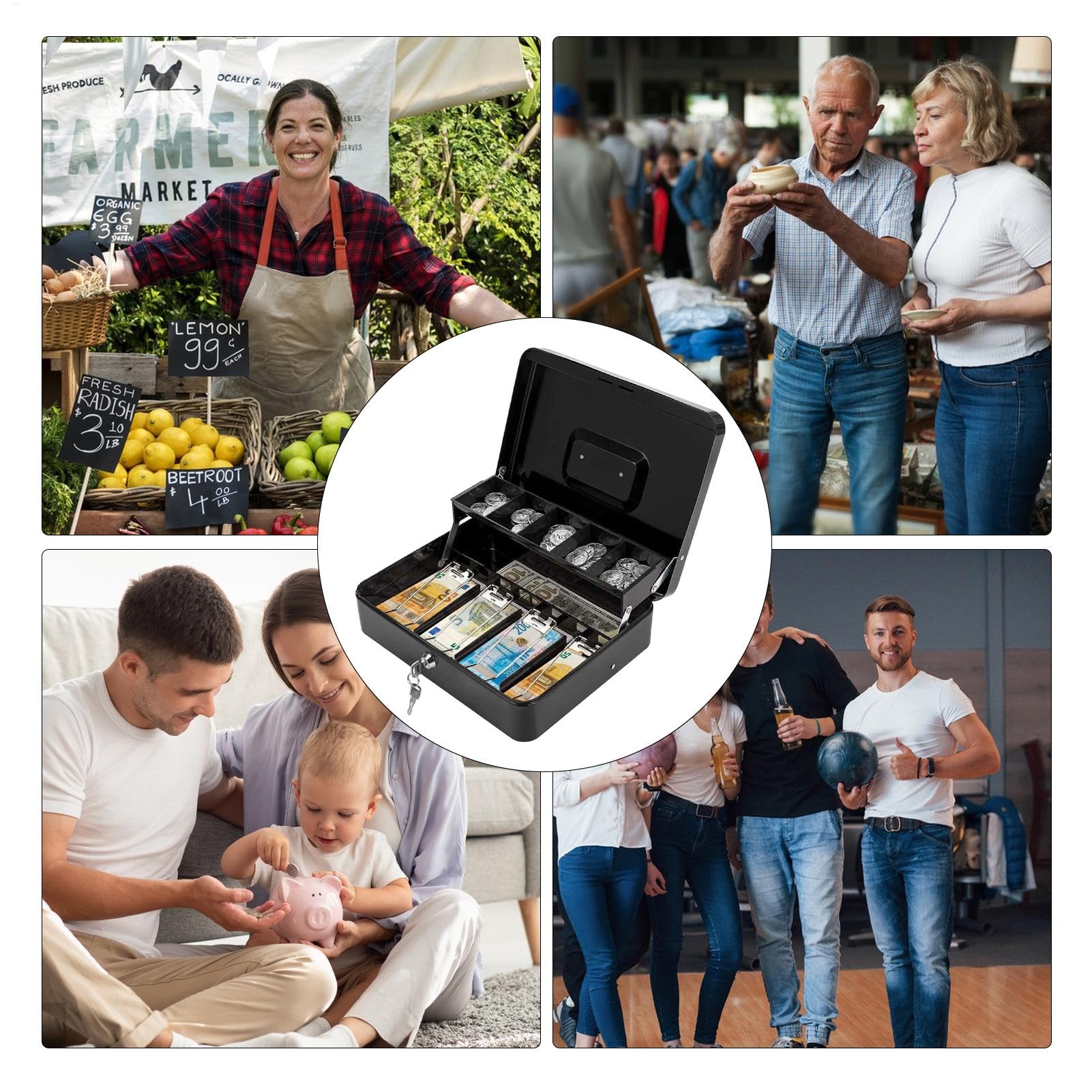 Cash Box - 4 scomparti per monete in metallo, con 5 scomparti per monete | in metallo, resistente e sicura per contanti, con scomparto per contanti, scatola di sicurezza portatile, cassetto di