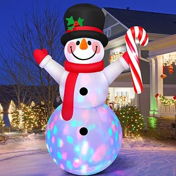 8 FT Christmas Inflatables Outdoor Decorations Blow Up Snowman Candy Cane | Rotating Colorful LEDs, Windproof Xmas Snow Man Blowups Yard Decor, Durable Waterproof Fabric, Lawn Garden Holiday Party