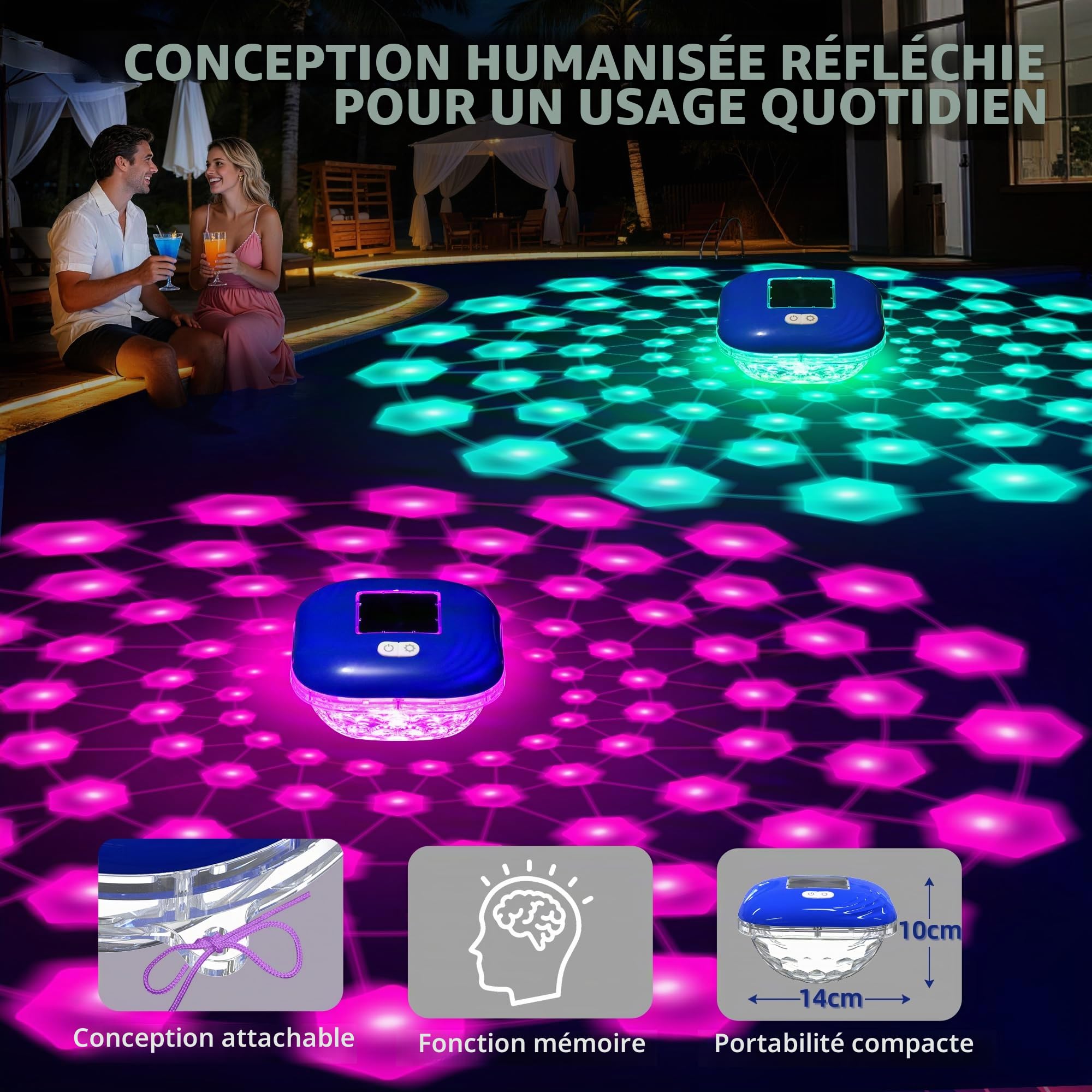Luxfero Lampe Piscine Flottante Solaire, Lumiere Piscine avec 9 LED Spectacles Changeantes, Étanche IP68 Lumiere Piscine, Contrôle par touches, Éclairage Piscine Extérieure pour Étang Jardin -2 Pièces
