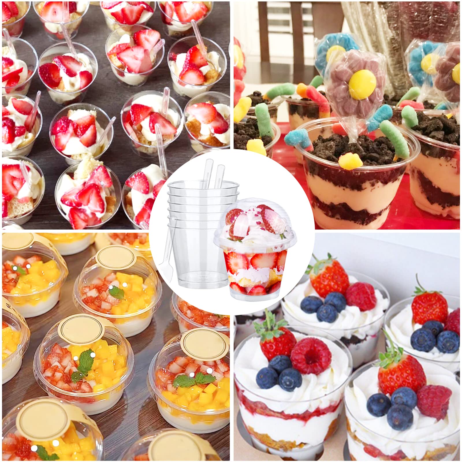 CYH 100 Stuk Mini Dessert Bekers met 100 Lepels, 60 ml Herbruikbare Glitter Plastic Vierkante Doorzichtige Dessertkommen, Dessert Cups voor Bruiloften Verjaardagsfeestjes - Zilver