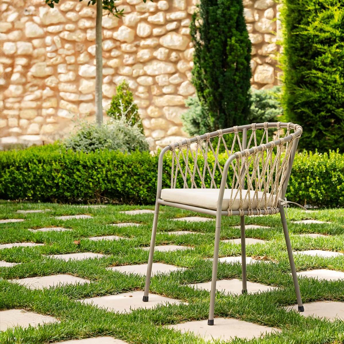 LOLAhome Silla de Jardín Myra de Acero y Cuerda Trenzada Color Limo, 52x51x80 cm, Cojín Incluido, Ergonómica, Diseño Elegante y Resistentes, Patas Desmontables Uso Exterior