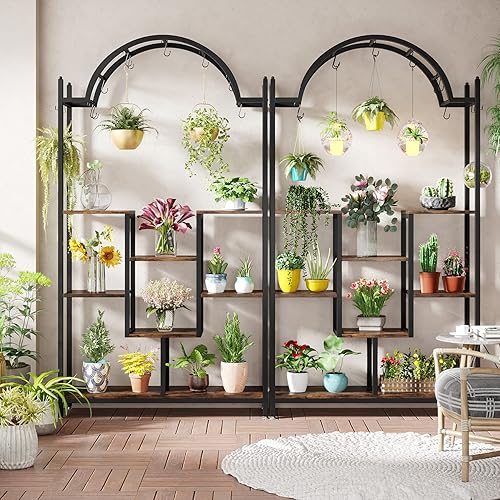 Miniatura 2 de Tribesigns Soporte alto para plantas de interior de 5 niveles, estante de flores de metal arqueado de 74.8 pulgadas con ganchos para colgar, estante