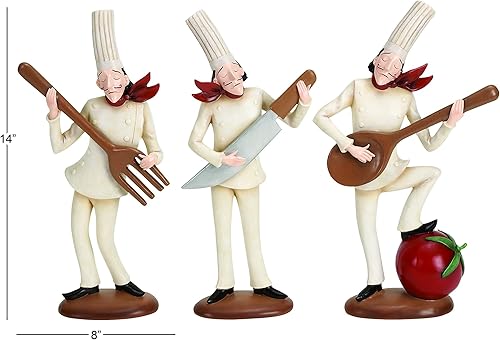 Miniatura 6 de Deco 79 Polystone - Estatuas decorativas de chef para decoración del hogar con instrumentos musicales, juego de 3 figuras de acento de 8 x 3 x 14