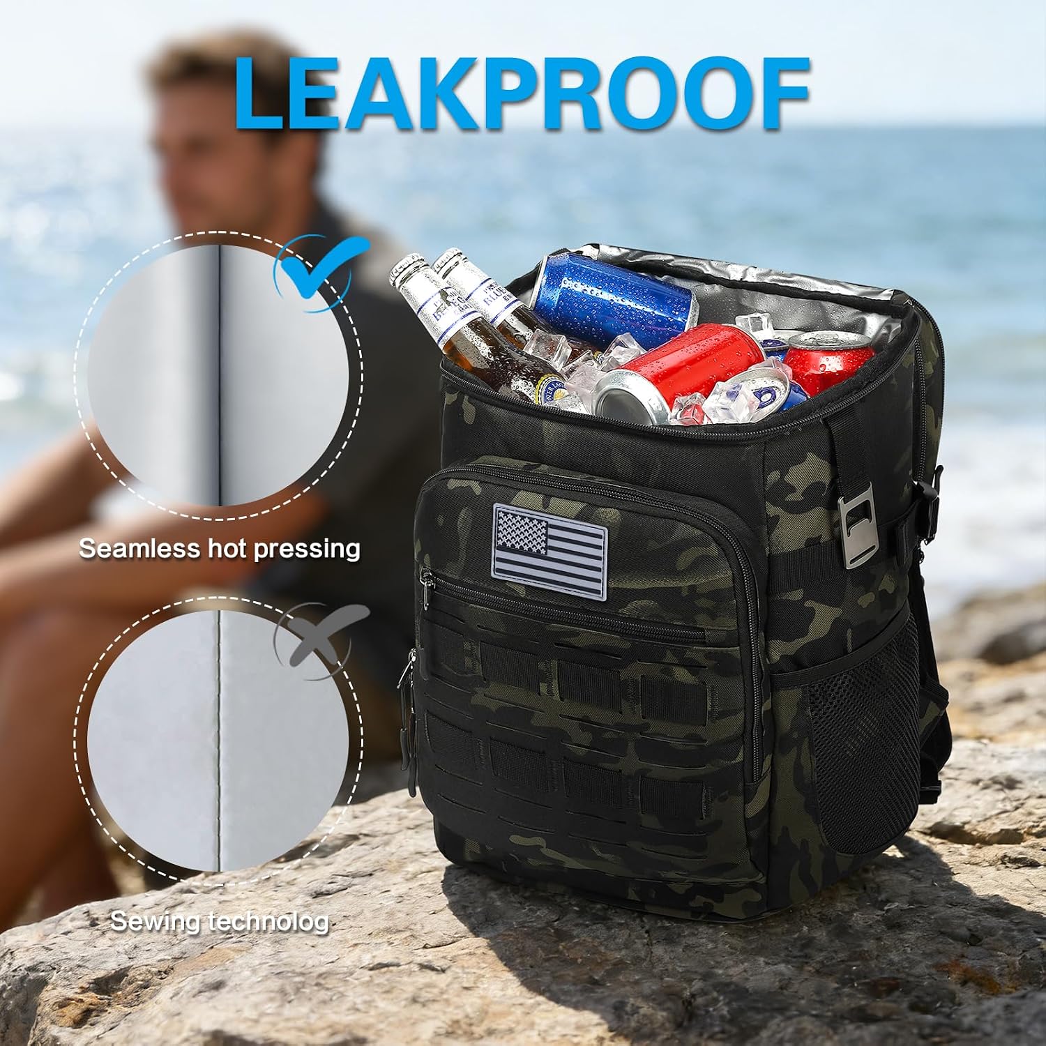 Tactical Insulated Cooler Backpack 40 Cans Double Deck Coolers Bag for Men Women Lightweight Leakproof Lunch Backpack with 2 Compartment Picnic Backpack for Work, Beach, Camping, Hiking