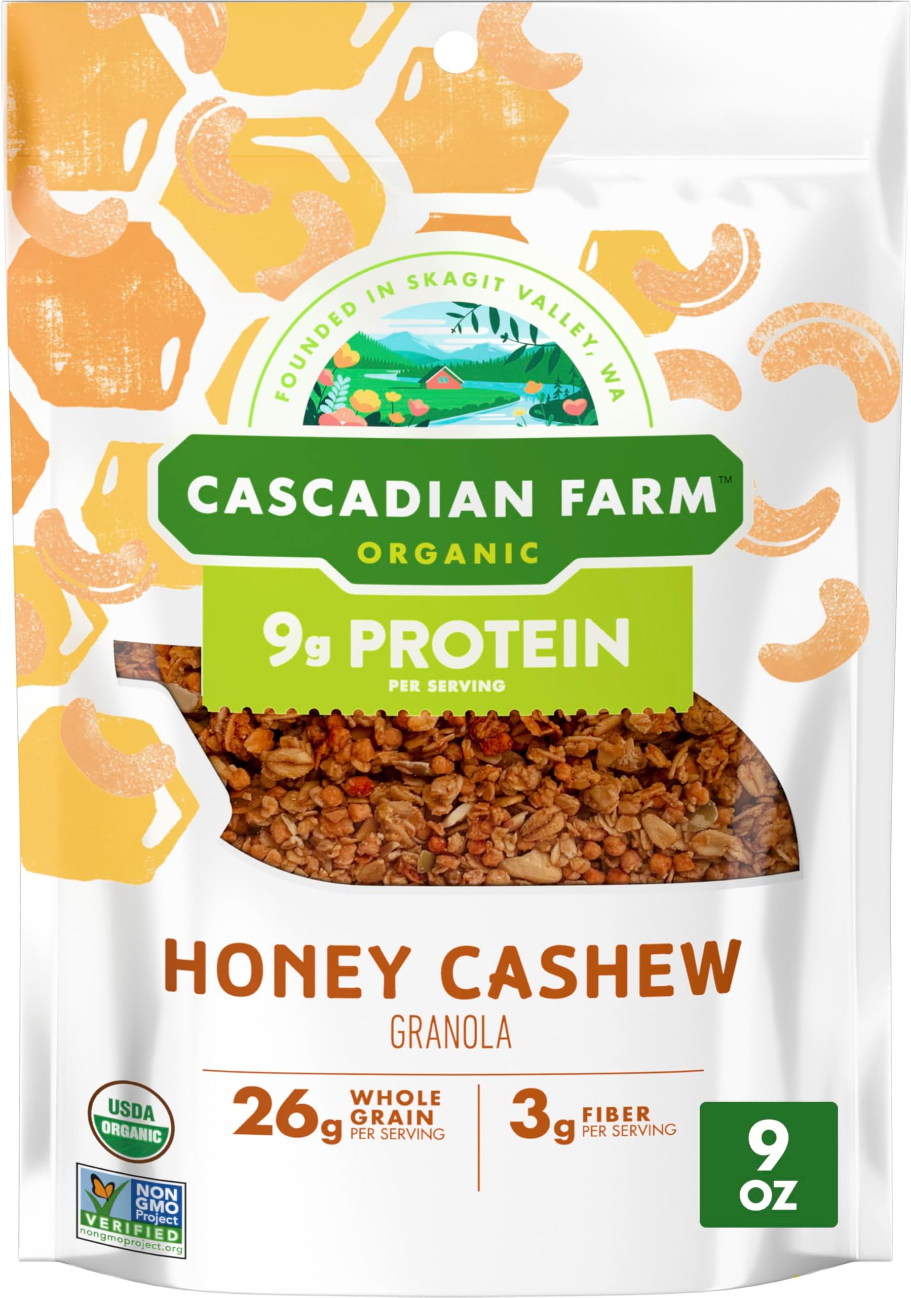 Cascadian Farm Organic Honey Cashew Granola, Protein Granola, Non-GMO, Resealable Pouch, 9 oz