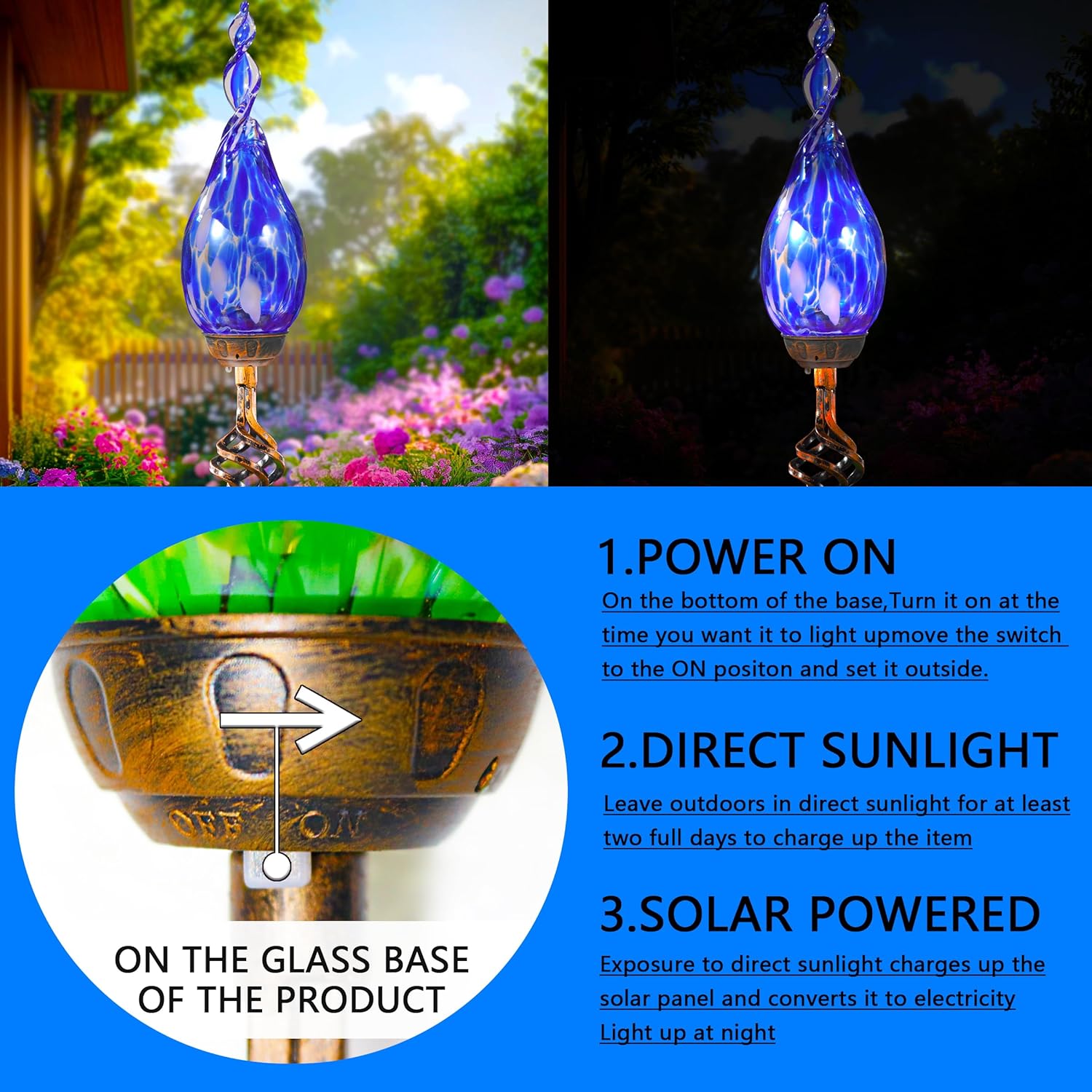 Solar Garden Lights Outdoor, Decorative LED Flame Garden Stakes, Hand Blown Glass and Outdoor Waterproof Glass Stakes (Dark Blue) - Image 5