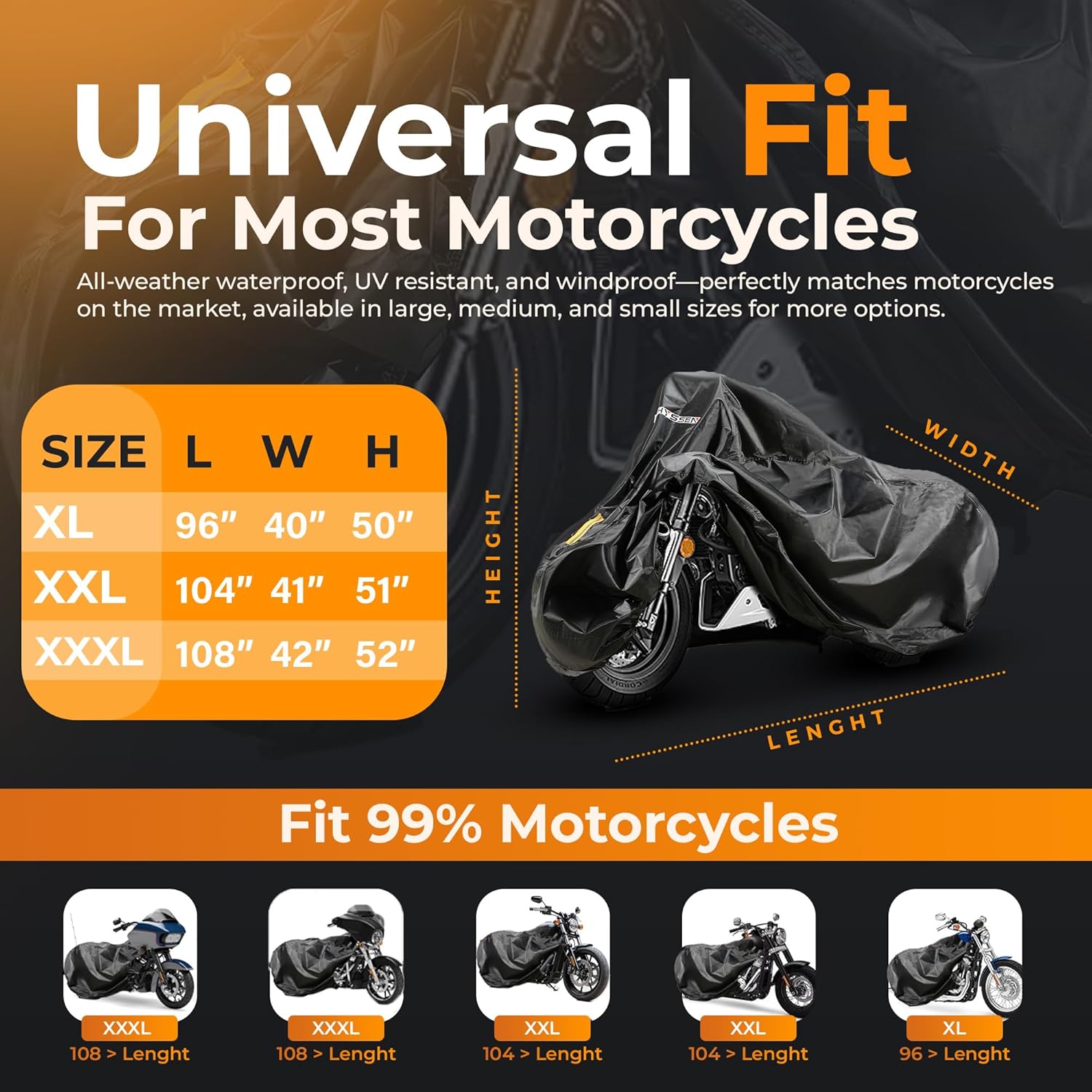 Heavy Duty Motorcycle Cover for - Enhanced Waterproof Motorcycle Covers bike Outdoor Storage Applicable to mainstream medium-sized motorcycles car on the market(XXXL)